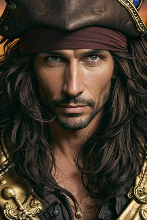 (((masterpiece))), ((best quality)), ((best illustration)),(((HD))), (((Hyper realistic))), ((Super realistic)), ((Extremely detailed)), (((extremely delicate and beautiful))), (detailed light), ((Loop)), solo, (oil painting), (Claymotion), (((he has a pirate hat on))), ((gold chain)), (((a hook for one hand))), (gold tooth),  (gold earing) ((hazel eyes)), (((Parrot on shoulder))), ((Eye patch on one eye)), ((Flowing dark brown hair)), (((red sun))), ((((surreal scenery))), ((slight grin on face)),ded1,frank grillo