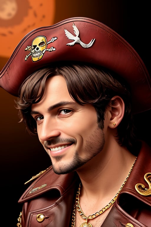 (((masterpiece))), (((male middle aged man))), ((best quality)), ((best illustration)),(((HD))), ((Hyper realistic)), (Super realistic), (Extremely detailed), (((extremely delicate and beautiful))), (detailed light), ((Loop)), solo, (oil painting), (Claymotion), (((he has a pirate hat on))), ((gold chain)), (((a hook for one hand))), (gold tooth),  (gold earing) ((hazel eyes)), (((Parrot on shoulder))), ((Eye patch on one eye)), ((Flowing dark brown hair)), (((red sun))), ((((surreal scenery))), ((slight grin on face))