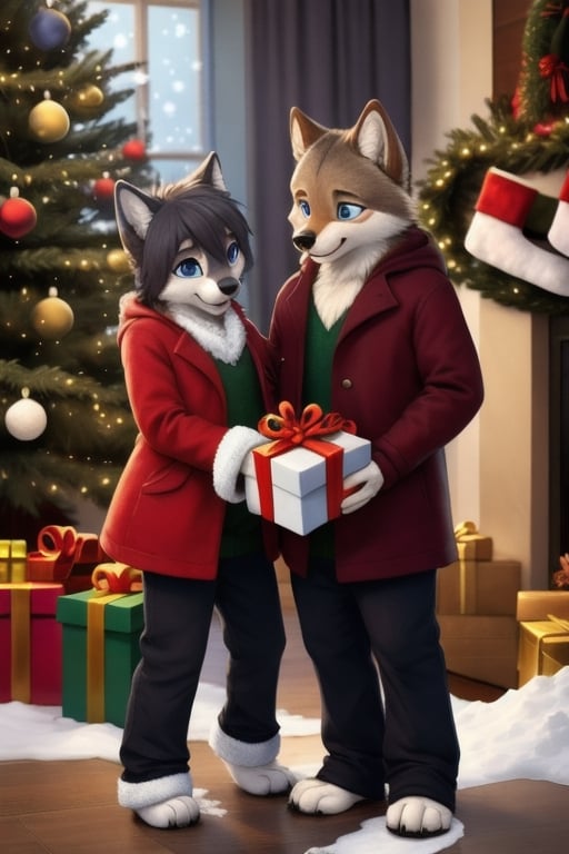 Wolf couple, girl and boy exchanging gifts, blue eyes, fur, art by zaush, anthro, masterpiece, best quality, looking at you, detailed, detailed background, sweatpants:0.8, Highest Quality, 4k, masterpiece, Amazing Details, Shallow Depth of Field, E671, standing, paws, chibi, young, chubby, b-ern, fluffy, chest fluff, snow, snowing, winter, wearing coat, christmas tree, bells, happy, holding gift box with bow, holiday,Christmas,christmas tree,multiple girls