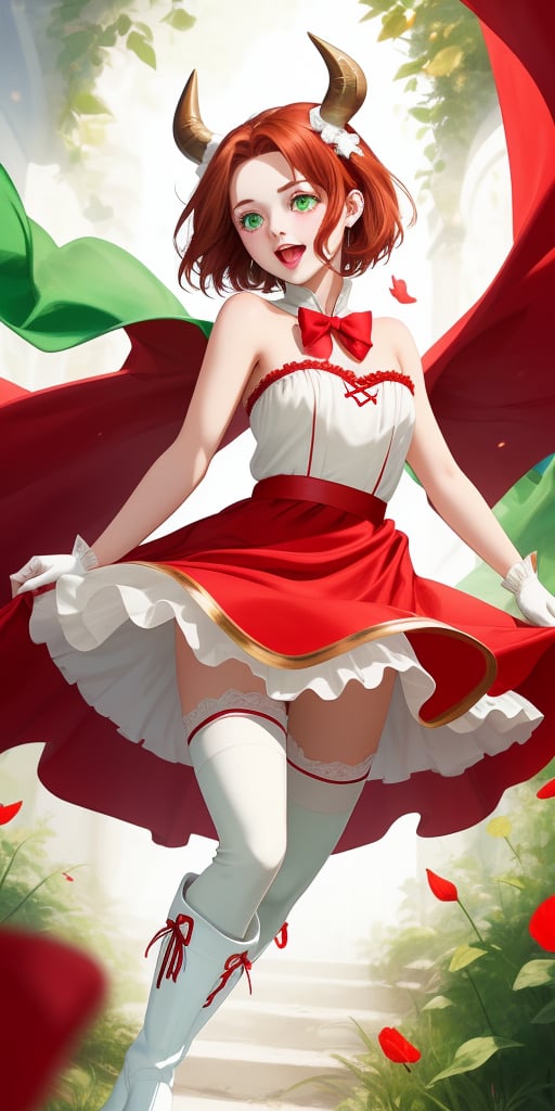 beautiful girl with short straight reddish hair, green eyes, small horns on the forehead, cheerful, energetic, strapless red dress, red bow sash, white stockings, long boots, big emerald on the chest, smile