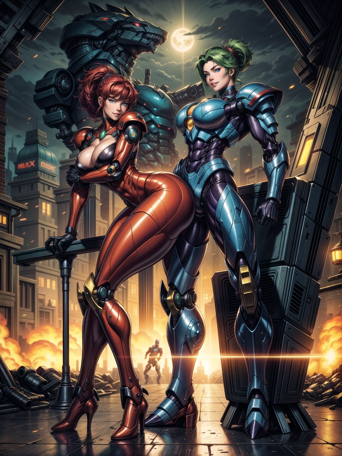 A woman, worn mecha+mecha armor+red bionic armor with white parts, gigantic breasts, helmet with glass visor, green hair, extremely short hair, rebellious hair, hair with ponytail, hair with bangs in front of the eye, looking at the viewer, (((sensual pose+Interacting+leaning on anything+object+leaning against))), in the underworld at night with many machines, robots, machines, metal structures, ((full body):1.5), 16K, UHD, unreal engine 5, quality max, max resolution, ultra-realistic, ultra-detailed, maximum sharpness, ((perfect_hands):1), Goodhands-beta2, [megaman, super metroid], ((mecha))