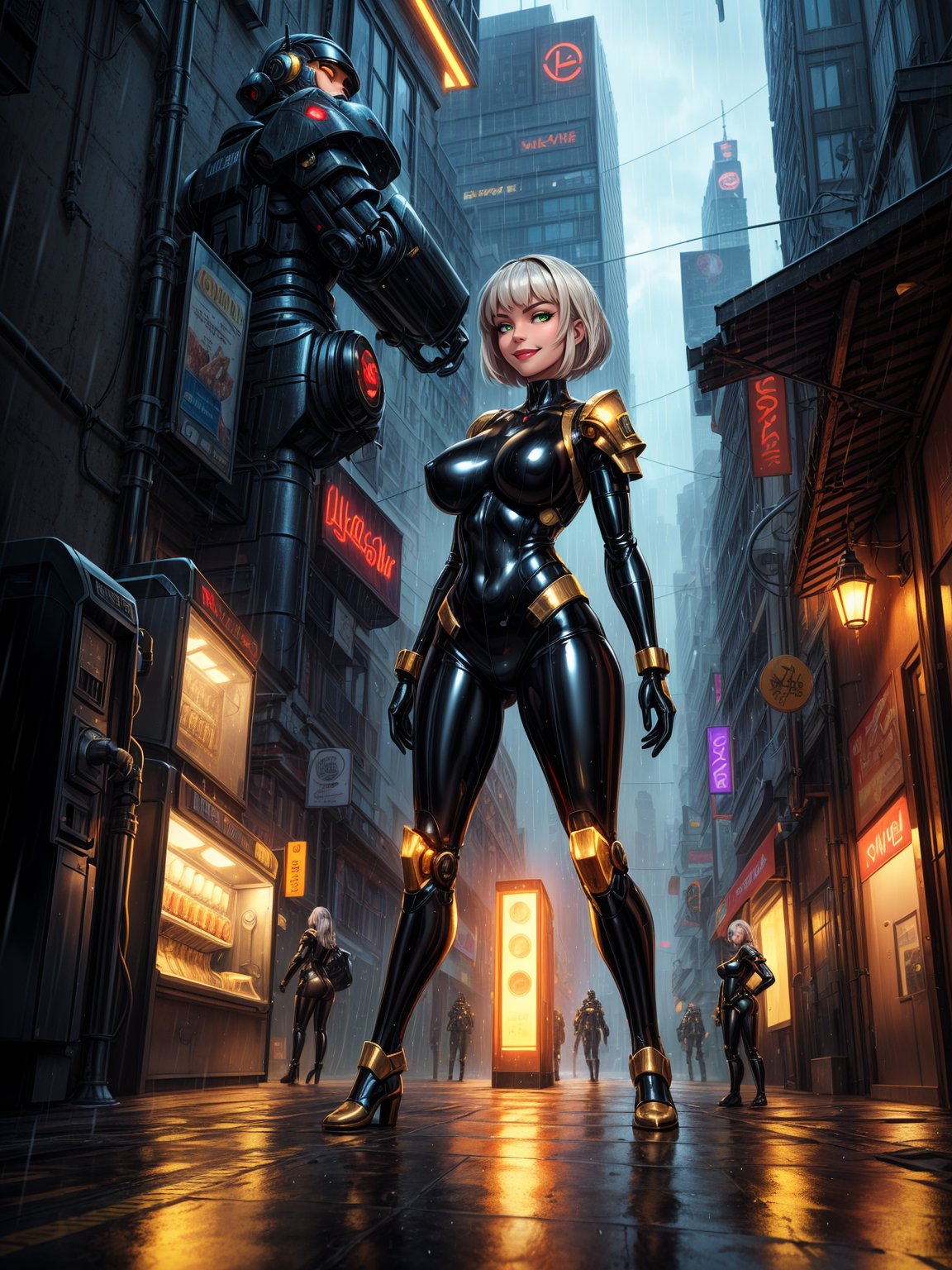 ((1woman)), ((wearing futuristic warrior clothing made of black latex, gold metals attached, extremely tight and short on the body)), ((flat silver hair, hair with bangs in front of the eye)), ((gigantic breasts)), ((staring at the viewer)), (((doing action position, leaning against an object))), ((in a futuristic city, giant robots, lampposts, raining hard, soda machines,  multiple people with different ethnicities)), ((((full body)))), 16k, UHD, better quality, better resolution, better detail, light and shadow effects
