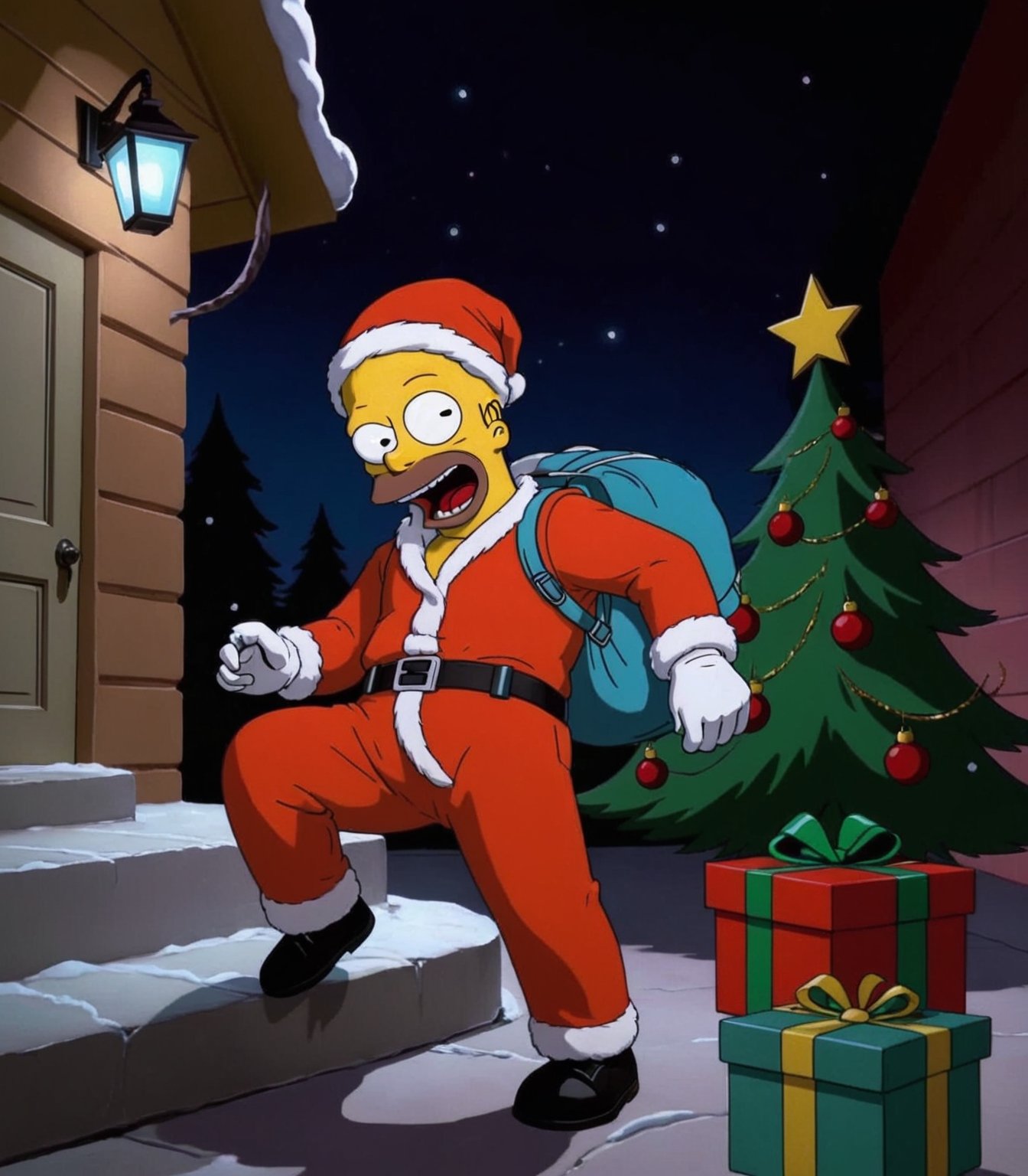 Masterpiece in high-resolution HD, featuring a chibi and cartoon style, inspired by the vibrant aesthetic of ((The Simpsons)). | Ghost Face, known for his frightening presence, surprises by donning a red Santa Claus costume. With his stylized chibi form, he strikes a mischievous pose, holding a bag of presents with a sly look. The smooth lines and vibrant colors highlight the contrast between the sinister nature of the character and the festive atmosphere. | The composition presents Ghost Face in the foreground, with a tilted angle to emphasize the mischievous expression. The background is filled with festive elements such as Christmas trees, gifts, and twinkling lights. | Cinematic lighting effects accentuate the shadows on Ghost Face's face, while contour lines add a cartoon touch to the scene. | Ghost Face in Santa chibi costume, surprising with a mischievous pose and a bag of presents. | {The camera is positioned very close to him, revealing his entire body as he adopts a dynamic pose, interacting with and leaning on a structure in the scene in an exciting way} | He is adopting a dynamic pose as he interacts, boldly leaning on a structure, leaning back in an exciting way, perfect_pose, full body, perfect_fingers, perfect_legs, perfect_hands, More Detail, ghostface mask