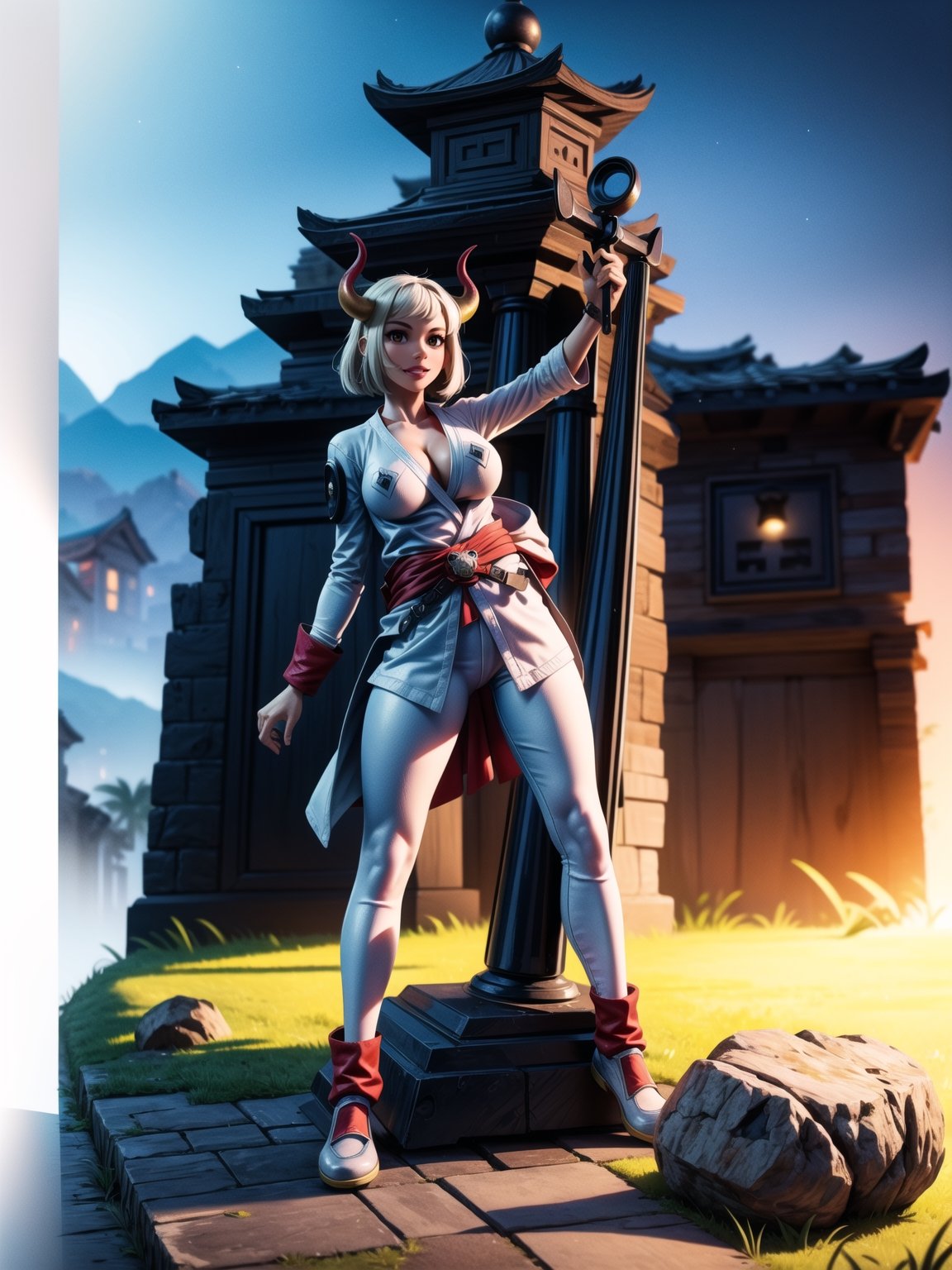 A woman, wearing ((white robe+White mecha costume with parts in blue, gigantic breasts, horns)), very short hair, messy hair, hair with bangs in front of eyes, magical aura around the body, (((looking at the viewer, sensual pose with interaction and leaning on anything+object+on something+leaning against+leaning against))) in an ancient temple at night in the mountains, with many structures, waterfall, altars, pedestals, ((full body):1.5); 16K, UHD, unreal engine 5, quality max, max resolution, ultra-realistic, ultra-detailed, maximum sharpness, ((perfect_hands):1), Goodhands-beta2, (Assassin's creed) + ((futuristic))