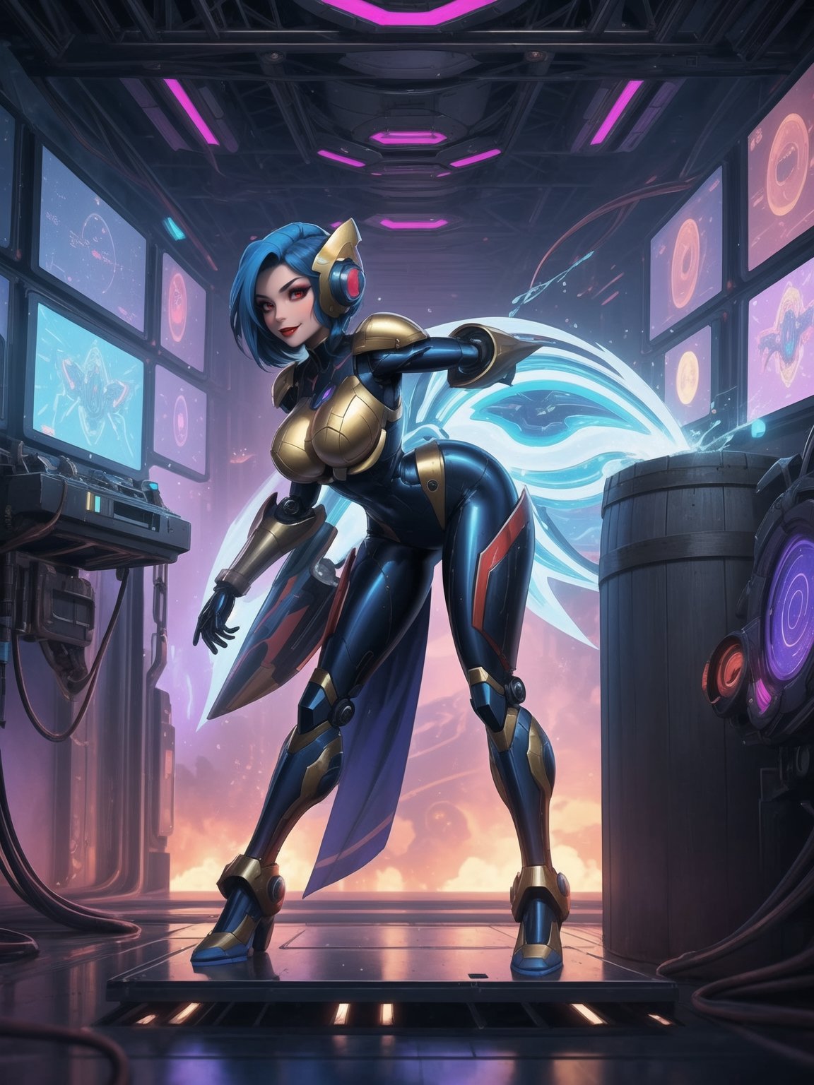 Ultra HD 16K resolution, blending Mega Man X and Super Metroid styles, offering maximum sharpness and exceptional quality. | On a futuristic aircraft, a stunning 30-year-old woman with short blue hair wears white robotic armor with blue and yellow details, standing out in the ultra-detailed scene. The cybernetic helmet frames her face, and she gazes directly at the viewer, intensifying the visual connection. | The composition, at a descending dynamic angle, highlights the woman's sensual pose as she interacts and leans on a large technological structure. Large machines, control panels, flying vehicles, and glass barrels containing luminous liquid create a futuristic environment. | Lighting effects enhance the sharpness of the armor, emphasizing the luminosity of the liquid in the barrels, creating an immersive sci-fi atmosphere. Large technological structures complete the scene, making it visually striking. | An impressive woman in a sensual pose on the futuristic aircraft, styled after Mega Man X and Super Metroid, interacting with the technological environment. | She: ((interacting and leaning on anything, very large structure+object, leaning against, sensual pose):1.3), ((Full body image)), perfect hand, fingers, hand, perfect, better_hands, More Detail.