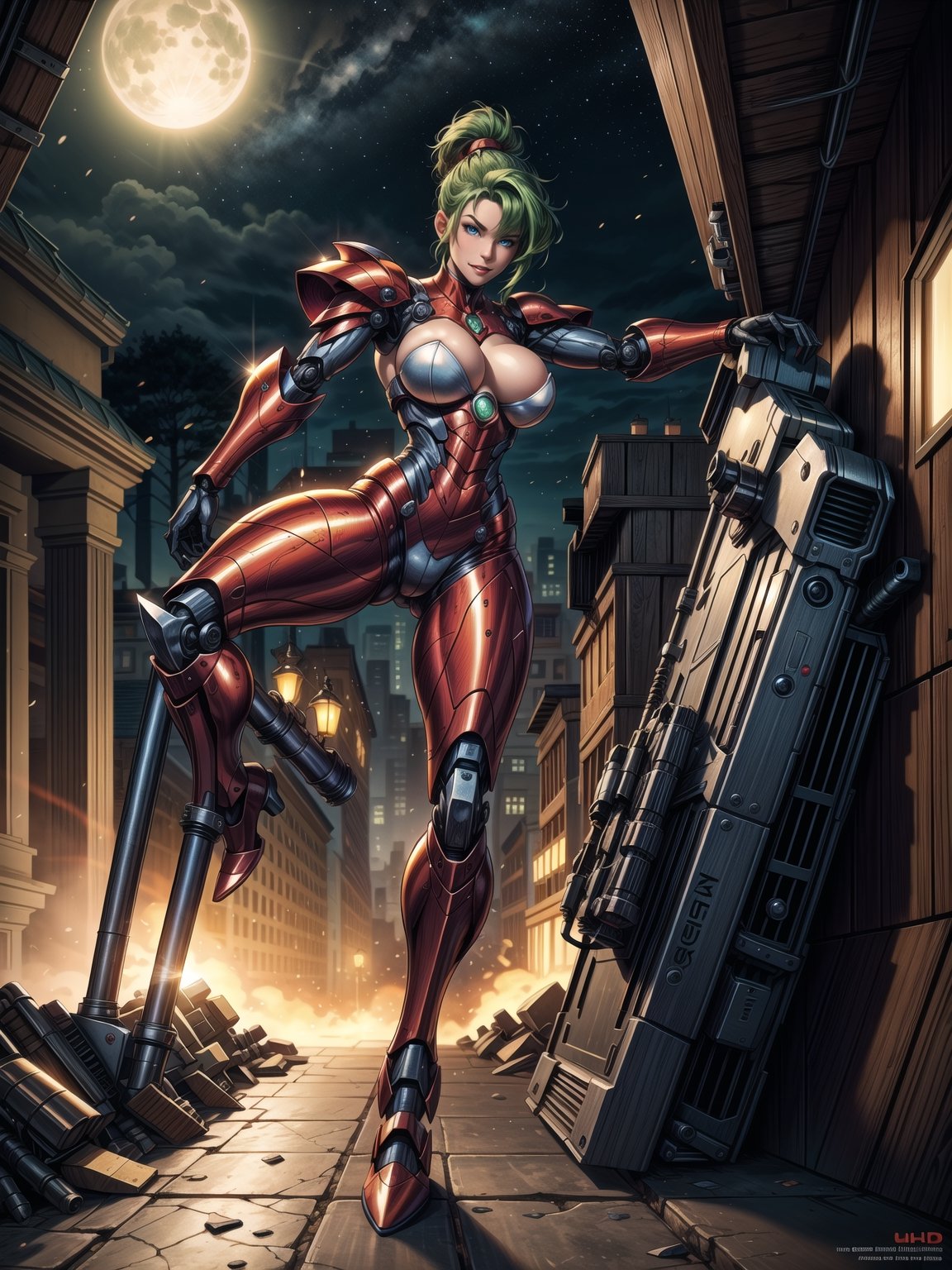 A woman, worn mecha+mecha armor+red bionic armor with white parts, gigantic breasts, helmet with glass visor, green hair, extremely short hair, rebellious hair, hair with ponytail, hair with bangs in front of the eye, looking at the viewer, (((sensual pose+Interacting+leaning on anything+object+leaning against))), in the underworld at night with many machines, robots, machines, metal structures, ((full body):1.5), 16K, UHD, unreal engine 5, quality max, max resolution, ultra-realistic, ultra-detailed, maximum sharpness, ((perfect_hands):1), Goodhands-beta2, [megaman, super metroid], ((mecha))