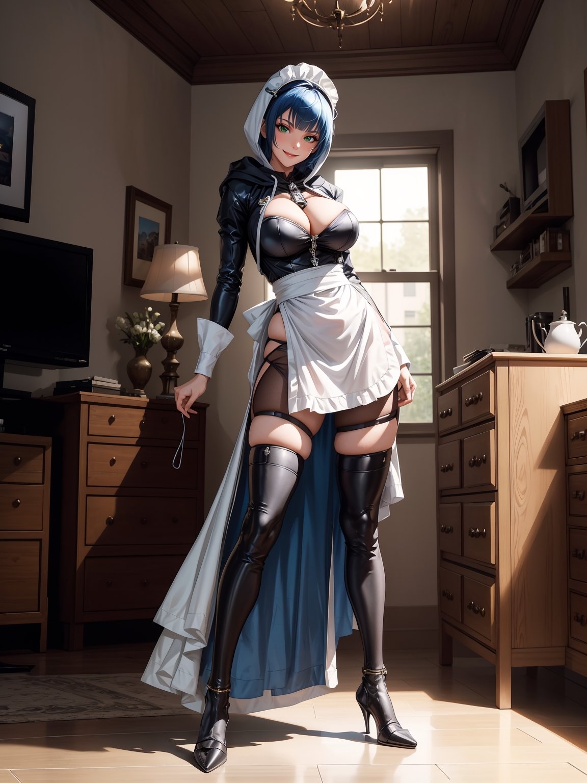 A woman, wearing maid costume + mecha costume, black costume with white parts, very tight on the body, ((gigantic breasts)), blue hair, mohawk hair, short hair, hair with bangs in front of the eyes, ((hood on the head)), looking at the viewer, (((pose with interaction and leaning on [something|an object]))), in an apartment with several computers,  furniture, plasma TV, window, ((full body):1.5), 16k, UHD, best possible quality, ultra detailed, best possible resolution, Unreal Engine 5, professional photography, well-detailed fingers, well-detailed hand, perfect_hands, perfect, ((mecha, maid))