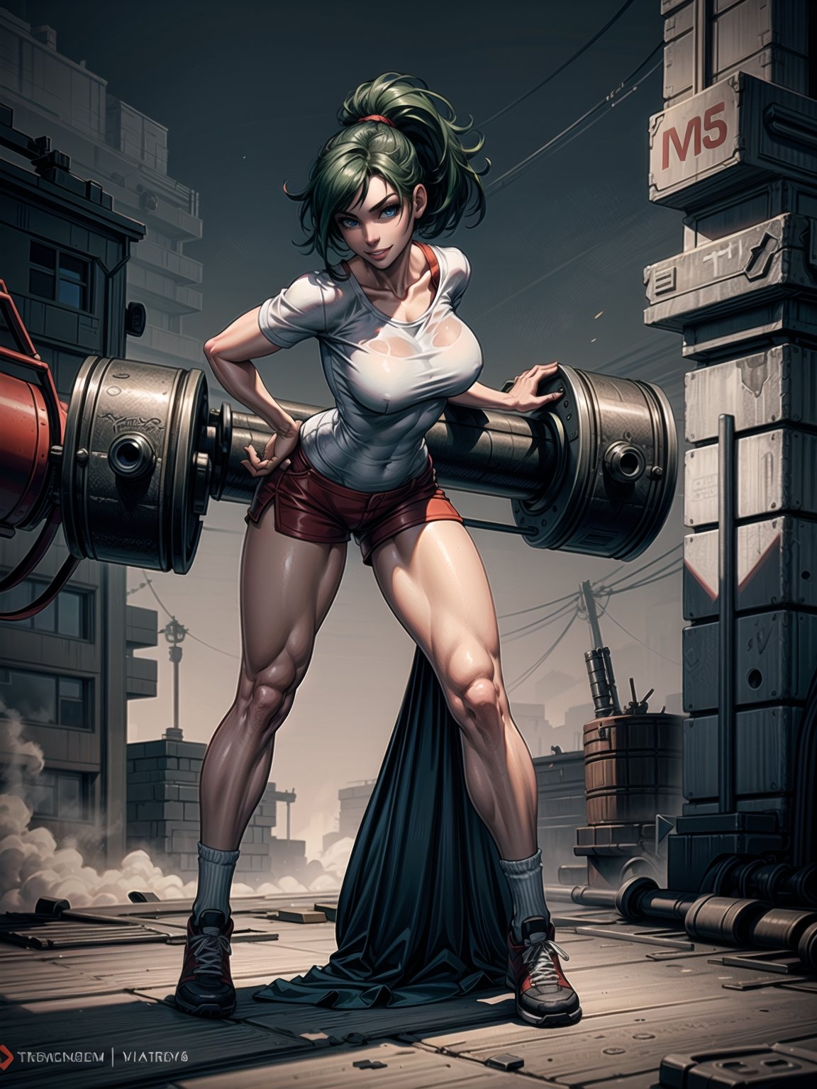 A woman, wearing a white T-shirt, short red shorts, white stockings, black sneakers, black suit, gigantic breasts, green hair, extremely short hair, rebellious hair, ponytailed hair, fringed hair in front of the eye, looking at the viewer, (((sensual pose+Interacting+leaning on anything+object+leaning against))), in a very busy night, with many construction machines,  vehicles, structures, ((full body):1.5), 16K, UHD, unreal engine 5, quality max, max resolution, ultra-realistic, ultra-detailed, maximum sharpness, ((perfect_hands):1), Goodhands-beta2,