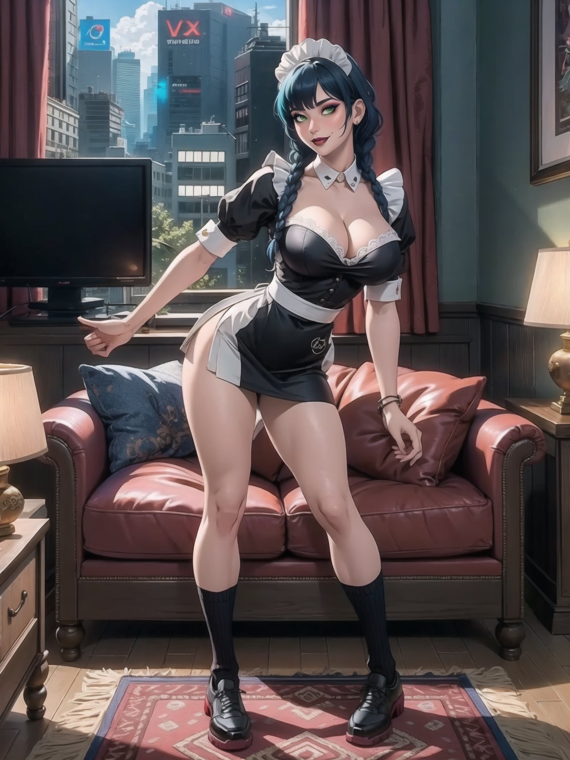 A woman, wearing black domestic sheath attire with white parts, short white skirt, long white socks, black shoes, tight and tight clothing, gigantic breasts, blue hair, hair with solo+short braid, mohawk hair, hair with bangs in front of the eyes, (looking at the viewer), (((sensual pose+Interacting+leaning on anything+object+leaning against))) in a modern apartment, with furniture, computers, plasma tv, bed, window, lights on the walls, sofa bed, 16K, UHD, (full body:1.5), unreal engine 5, cyberpunk, ((maid)), quality max, max resolution, ultra-realistic, ultra-detailed, maximum sharpness, ((ng_deeppositive_v1_75t)), ((two legs, perfect_hands)), better_hands