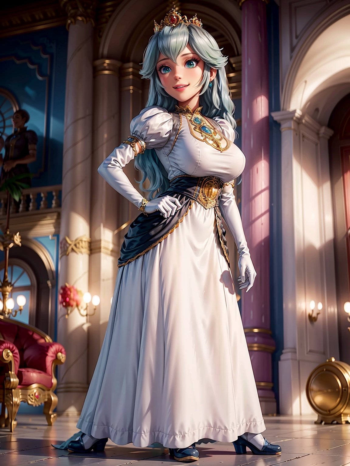 A woman, black and white maid costume, very short white skirt with embroidery, ((gigantic breasts)), blue hair, wavy hair, hair with bangs in front of the eyes, looking at the viewer, ((pose with interaction and leaning on [something|an object])), in a castle, with structures, furniture, background, statues, ((full body):1.5), 16k, UHD, best possible quality,  ultra detailed, best possible resolution, Unreal Engine 5, professional photography, well-detailed fingers, well-detailed hand, perfect_hands, perfect