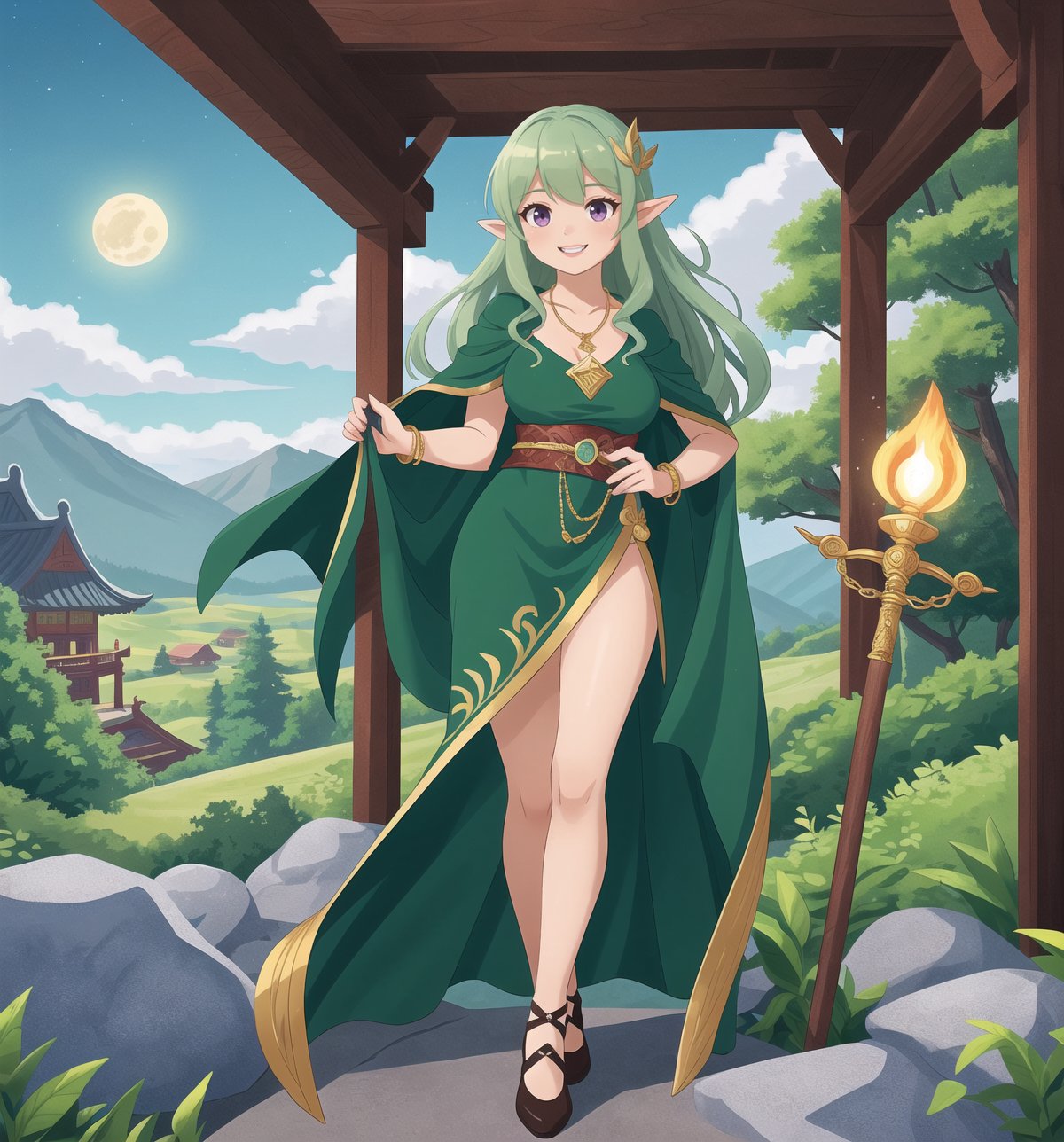 A fantastic masterpiece of art, full of beauty and magic. | Aria, a 237-year-old elf with an elegant and wise appearance, is in a temple in the Rocky Mountains, a mystical and enchanted environment. | She wears a long tunic of dark green fabric, with gold details and leaf embroidery, showing her connection to nature and her status as a sorceress. | To complement her look, she also wears a green velvet cape with feather trim and a gold moon-shaped brooch, adding a touch of sophistication and magic to her appearance. | Her long, wavy green hair has a few loose strands at the front, giving her beauty a natural and delicate look. Her purple eyes are large and expressive, conveying wisdom and serenity, while her ((smile)) with sharp white teeth shows her elfin nature and grace. | Aria also holds a wooden staff with green crystals, a silver necklace with a tree-shaped pendant, and a leather bracelet with metal details, showing her connection to magic and nature. | The temple in the rocky mountains has rock structures, wooden structures, an altar in the center, and pillars with tree and star emblems, creating a sacred and mystical atmosphere. | Soft, mystical lighting effects create an enchanted, serene atmosphere, while detailed textures on structures and costume add realism to the image. | An elegant and magical scene of Aria in a Rocky Mountain temple, exploring themes of fantasy, nature and magic. | (((((The image reveals a full-body shot as she assumes a sensual pose, engagingly leaning against a structure within the scene in an exciting manner. She takes on a sensual pose as she interacts, boldly leaning on a structure, leaning back in an exciting way.))))). | ((full-body shot)), ((perfect pose)), ((perfect fingers, better hands, perfect hands)), ((perfect legs, perfect feet)), ((huge breasts)), ((perfect design)), ((perfect composition)), ((very detailed scene, very detailed background, perfect layout, correct imperfections)), More Detail, Enhance,Anime,cute girl,sexy girl