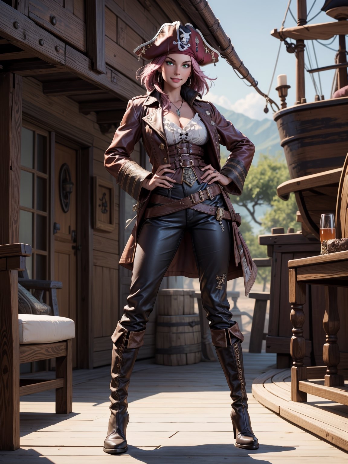 A pirate woman, wearing brown leather coat, white T-shirt, black pants, brown leather boots, steals very stylishly, ((gigantic breasts)), pink hair, messy hair, short hair, straight hair, hair with bangs in front of the eyes, ((pirate hat on the head)), looking at the viewer, (((pose with interaction and leaning on [something|an object]))), on a pirate ship with furniture,  structures, many pirates, ((full body):1.5), 16k, UHD, best possible quality, ultra detailed, best possible resolution, Unreal Engine 5, professional photography, well-detailed fingers, well-detailed hand, perfect_hands, ((style pirates of the caribbean))
