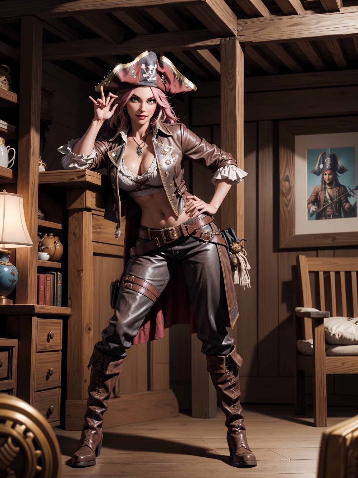 A pirate woman, wearing brown leather coat, white T-shirt, black pants, brown leather boots, steals very stylishly, ((gigantic breasts)), pink hair, messy hair, short hair, straight hair, hair with bangs in front of the eyes, ((pirate hat on the head)), looking at the viewer, (((pose with interaction and leaning on [something|an object]))),  on a pirate ship with furniture, structures, many pirates, ((full body):1.5), 16k, UHD, best possible quality, ultra detailed, best possible resolution, Unreal Engine 5, professional photography, well-detailed fingers, well-detailed hand, perfect_hands, ((pirates)), ((pirates of the caribbean style))