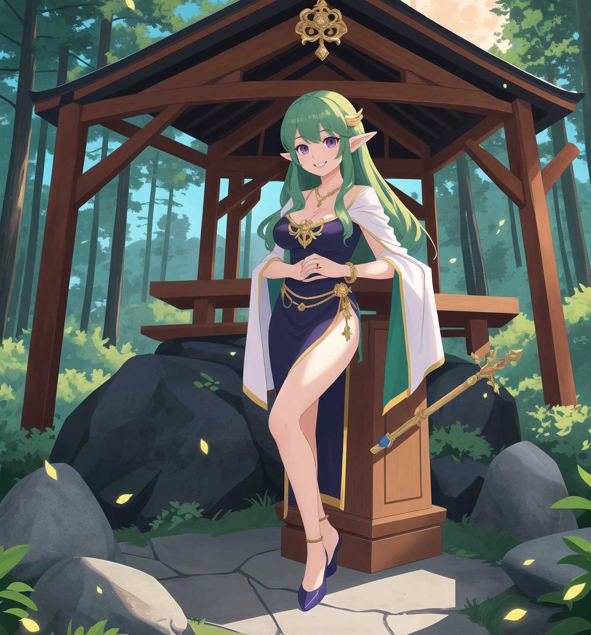 A fantastic masterpiece of art, full of beauty and magic. | Aria, a 237-year-old elf with an elegant and wise appearance, is in a temple in the Rocky Mountains, a mystical and enchanted environment. | She wears a long tunic of dark green fabric, with gold details and leaf embroidery, showing her connection to nature and her status as a sorceress. | To complement her look, she also wears a green velvet cape with feather trim and a gold moon-shaped brooch, adding a touch of sophistication and magic to her appearance. | Her long, wavy green hair has a few loose strands at the front, giving her beauty a natural and delicate look. Her purple eyes are large and expressive, conveying wisdom and serenity, while her ((smile)) with sharp white teeth shows her elfin nature and grace. | Aria also holds a wooden staff with green crystals, a silver necklace with a tree-shaped pendant, and a leather bracelet with metal details, showing her connection to magic and nature. | The temple in the rocky mountains has rock structures, wooden structures, an altar in the center, and pillars with tree and star emblems, creating a sacred and mystical atmosphere. | Soft, mystical lighting effects create an enchanted, serene atmosphere, while detailed textures on structures and costume add realism to the image. | An elegant and magical scene of Aria in a Rocky Mountain temple, exploring themes of fantasy, nature and magic. | (((((The image reveals a full-body shot as she assumes a sensual pose, engagingly leaning against a structure within the scene in an exciting manner. She takes on a sensual pose as she interacts, boldly leaning on a structure, leaning back in an exciting way.))))). | ((full-body shot)), ((perfect pose)), ((perfect fingers, better hands, perfect hands)), ((perfect legs, perfect feet)), ((huge breasts)), ((perfect design)), ((perfect composition)), ((very detailed scene, very detailed background, perfect layout, correct imperfections)), More Detail, Enhance,Anime,cute girl,sexy girl