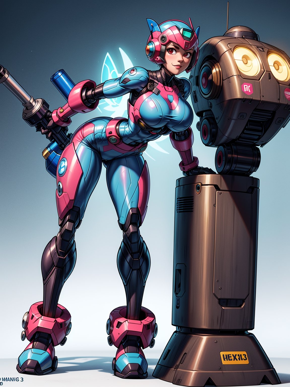 A fairy woman, wearing ((white mecha costume with parts in pink, gigantic breasts, cybernetic helmet)), very short hair, blue hair, messy hair, hair with bangs in front of eyes, magical aura around the body, (((looking at the viewer, sensual pose with interaction and leaning on anything+object+on something+leaning against+leaning against))) on a military base with many vehicles, machines, robots, ((full body):1.5); 16K, UHD, unreal engine 5, quality max, max resolution, ultra-realistic, ultra-detailed, maximum sharpness, ((perfect_hands): 1), Goodhands-beta2, ((MegaMan X))+((metal gear solid 3))