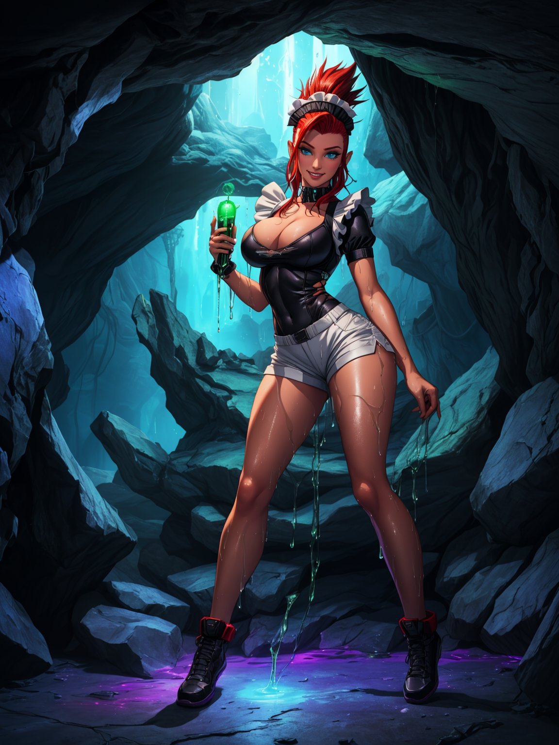 {((1 woman))}, ((wearing black wick costume with white shorts extremely sensual maid costume, extremely tight on the body)), ((red mohawk hair, blue eyes)), ((has extremely large and firm breasts)), ((looking at the viewer, smile expression, making erotic pose showing her body leaning against an object)), ((in a cave, crowded with aliens, green liquid lights stuck on the walls doing the lighting,  destroyed spaceship)), (((full body))), 16k, UHD, Better quality, better resolution, better detail