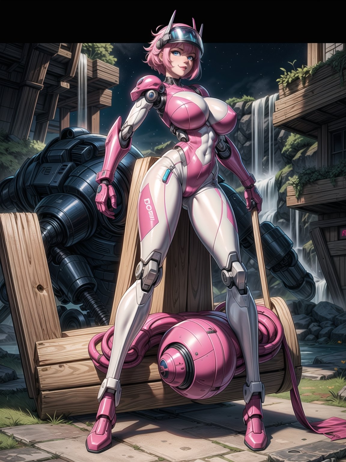 A woman, wearing ((white cybernetic armor with parts in pink+mecha costume)), wearing ((helmet, gigantic breasts, very pale skin, many tattoos)), very short hair, pink hair, messy hair, hair with bangs in front of her eyes, is looking at the spectate, (((sensual pose with interaction and leaning on anything+object+on something+leaning against))) in an ancient dungeon with waterfalls and large structures with ancient writings, with machines, robots and humanoids, ((full body):1.5); 16K, UHD, maximum quality, maximum resolution, ultra-realistic, ultra-detailed, ((perfect_hands):1), Goodhands-beta2, [super metroid]