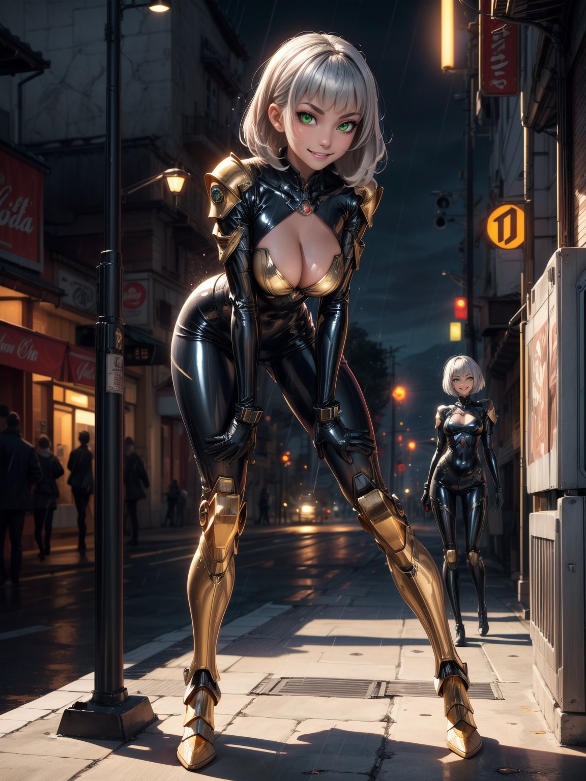 ((1woman)), ((wearing futuristic warrior clothing made of black latex, gold metals attached, extremely tight and short on the body)), ((flat silver hair, hair with bangs in front of the eye)), ((gigantic breasts)), ((staring at the viewer)), (((making action position leaning against an object))), ((in a futuristic city, giant robots, lampposts, raining hard, soda machines,  multiple people with different ethnicities)), ((((full body)))), 16k, UHD, better quality, better resolution, better detail, light and shadow effects