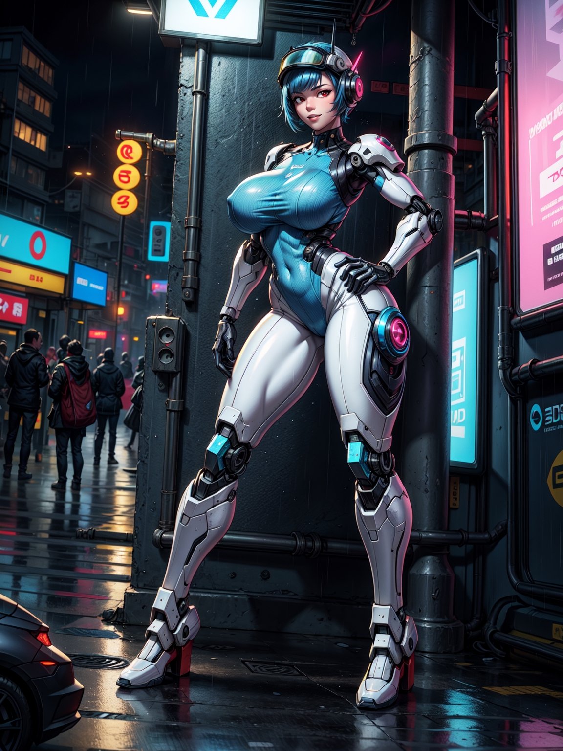 A fairy woman, wearing ((white mecha costume with parts in blue, gigantic breasts, cybernetic helmet)), very short hair, blue hair, messy hair, hair with bangs in front of eyes, magical aura around the body, (((looking at the viewer, sensual pose with interaction and leaning on anything+object+on something+leaning against+leaning against))) in a Japanese bus station at night with heavy rain, many structures, benches, people waiting for the bus, ((full body):1.5); 16K, UHD, unreal engine 5, quality max, max resolution, ultra-realistic, ultra-detailed, maximum sharpness, ((perfect_hands): 1), Goodhands-beta2, ((technological)), ((cyberpunk))