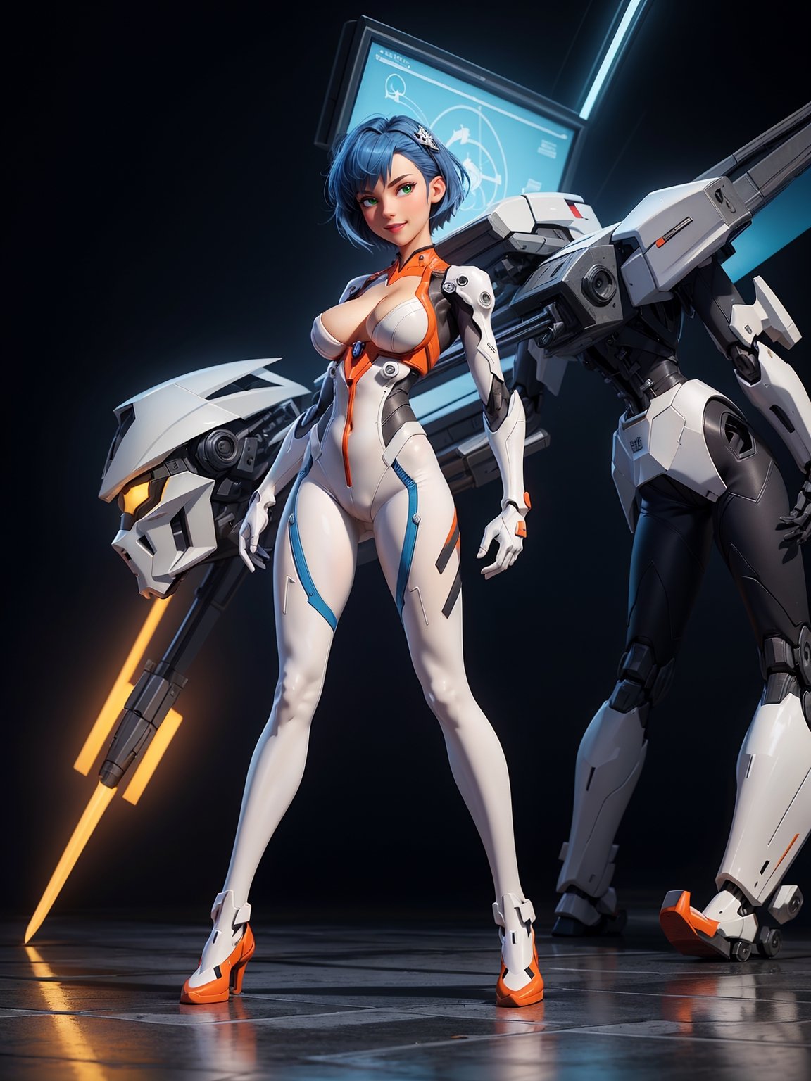 A woman, wearing white wick suit + blue parts, very tight costume on the body, ((gigantic breasts)), blue hair, very short hair, flat hair, hair with bangs in front of the eyes, looking at the viewer, (((pose with interaction and leaning on [something|an object]))), inside a giant robot with control panel, computers, machinery, overview of a giant robot, is day, ((full body):1.5), 16k, UHD, best possible quality, ultra detailed, best possible resolution, Unreal Engine 5, professional photography, (perfect:0.8), ((well-detailed fingers):0.8), ((well-detailed hand):0.8), ((perfect hands):0.8), ((neon genesis evangelion)) + ((mecha))