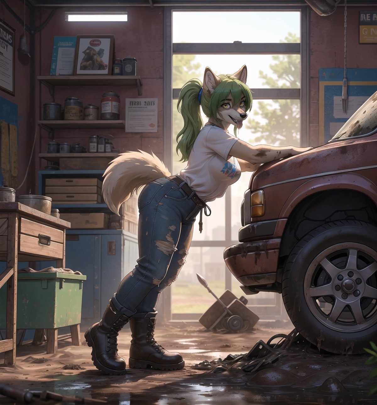 ((Clear 4K image with realistic dirty and worn style, rendered in ultra-high resolution with graphic details.):1.3). | At the vintage car body shop, a young 21-year-old werewolf is working tirelessly. She wears a white t-shirt, blue denim overalls with straps hanging from one of them, and a black leather belt with a gold buckle at her waist. His black leather boots are dirty with grease, as is the rest of his clothes, which are aged and tight to his body. Her long, straight green hair cascades over her shoulders, with large bangs in front of her eyes. She has two long pigtails held together with metal clips. Her yellow eyes look at the viewer with a mysterious look, while she (((smiles))), showing her teeth, with her mouth open, her tongue out and drool running down. Her face is covered in grease, as is the rest of the room. | The scene takes place in the old car body shop, a filthy and dirty place, full of stacked tires, mud and dirt. There is a bench with tools scattered around, old car engines and an old, rusty car in the process of being repaired. The smell of oil and gasoline permeates the air as the wolf woman works tirelessly. | Composition at an angle to the general plane, emphasizing the figure of the wolf woman and the elements of the bodywork. The metal structures, tires, mud and dirt, together with the wolf woman, the workbench, the tools and the old car, create a filthy and worn-out environment. The body shop's artificial lighting creates dramatic shadows and highlights the details of the scene. | Soft, shadowy lighting effects create a tense and challenging atmosphere, while rough, detailed textures on skin, clothing, tires and structures add realism to the image. | A challenging and realistic scene of a young wolf woman working tirelessly in the vintage car body shop, overcoming obstacles with determination and mechanical skill. | (((((The image reveals a full-body_image as she assumes a dynamic_pose, engagingly leaning against a structure within the scene in an exciting manner. She takes on a dynamic_pose as she interacts, boldly leaning on a structure, leaning back in an exciting way.))))). | ((perfect anatomy, perfect body)), ((perfect_pose):1.5), ((more_than_a_dynamic_pose, dynamic_pose):1.3), ((full-body_image)), ((perfect fingers, better hands, perfect hands, perfect legs, perfect feet)), ((perfect design)), ((correct errors):1.2), ((perfect composition)), ((very detailed scene, very detailed background, correct imperfections, perfect layout):1.2), (( More Detail, Enhance))