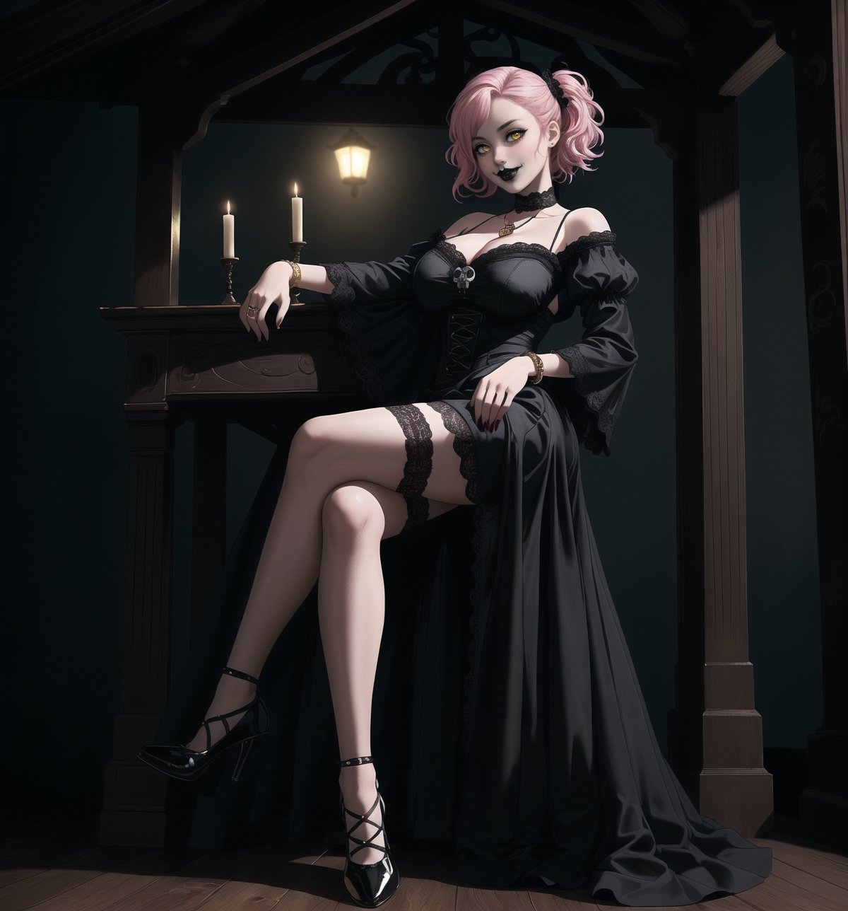 A gothic-lolita style masterpiece with realistic details, rendered in ultra-high resolution. | A young 22-year-old woman with pink hair and yellow eyes wears an elegant and provocative maid outfit. The black dress with white lace and the white apron with lace details highlight her sensual curves. She also wears black stockings and black low-heeled shoes, as well as accessories such as a pink heart pendant and a black leather bracelet. ((The young woman smiles at the viewer, showing her white teeth and wearing black lipstick)), creating a charming contrast to her sweet and innocent appearance. | The scene takes place in a macabre house, poorly lit by candles scattered throughout the room. The wooden structures, cobwebs hanging from the walls, and skulls and bones scattered across the floor create a spooky and mysterious atmosphere. The young woman stands out amidst this dark backdrop, adding a layer of beauty and fascination to the image. | Soft, moody lighting effects create a gothic mood, while detailed textures on clothing, accessories and set elements add realism to the masterpiece. | An intriguing and compelling scene of a young gothic-lolita woman in a macabre house, exploring themes of contrast, beauty and mystery. | (((((The image reveals a full-body shot as she assumes a sensual pose, engagingly leaning against a structure within the scene in an exciting manner. She takes on a sensual pose as she interacts, boldly leaning on a structure, leaning back in an exciting way.))))). | ((full-body shot)), ((perfect pose)), ((perfect fingers, better hands, perfect hands)), ((perfect legs, perfect feet)), ((huge breasts)), ((perfect design)), ((perfect composition)), ((very detailed scene, very detailed background, perfect layout, correct imperfections)), More Detail, Enhance