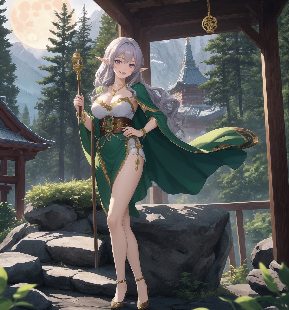 A fantastic masterpiece of art, full of beauty and magic. | Aria, a 237-year-old elf with an elegant and wise appearance, is in a temple in the Rocky Mountains, a mystical and enchanted environment. | She wears a long tunic of dark green fabric, with gold details and leaf embroidery, showing her connection to nature and her status as a sorceress. | To complement her look, she also wears a green velvet cape with feather trim and a gold moon-shaped brooch, adding a touch of sophistication and magic to her appearance. | Her long, wavy green hair has a few loose strands at the front, giving her beauty a natural and delicate look. Her purple eyes are large and expressive, conveying wisdom and serenity, while her ((smile)) with sharp white teeth shows her elfin nature and grace. | Aria also holds a wooden staff with green crystals, a silver necklace with a tree-shaped pendant, and a leather bracelet with metal details, showing her connection to magic and nature. | The temple in the rocky mountains has rock structures, wooden structures, an altar in the center, and pillars with tree and star emblems, creating a sacred and mystical atmosphere. | Soft, mystical lighting effects create an enchanted, serene atmosphere, while detailed textures on structures and costume add realism to the image. | An elegant and magical scene of Aria in a Rocky Mountain temple, exploring themes of fantasy, nature and magic. | (((((The image reveals a full-body shot as she assumes a sensual pose, engagingly leaning against a structure within the scene in an exciting manner. She takes on a sensual pose as she interacts, boldly leaning on a structure, leaning back in an exciting way.))))). | ((full-body shot)), ((perfect pose)), ((perfect fingers, better hands, perfect hands)), ((perfect legs, perfect feet)), ((huge breasts)), ((perfect design)), ((perfect composition)), ((very detailed scene, very detailed background, perfect layout, correct imperfections)), More Detail, Enhance,Anime,cute girl,sexy girl