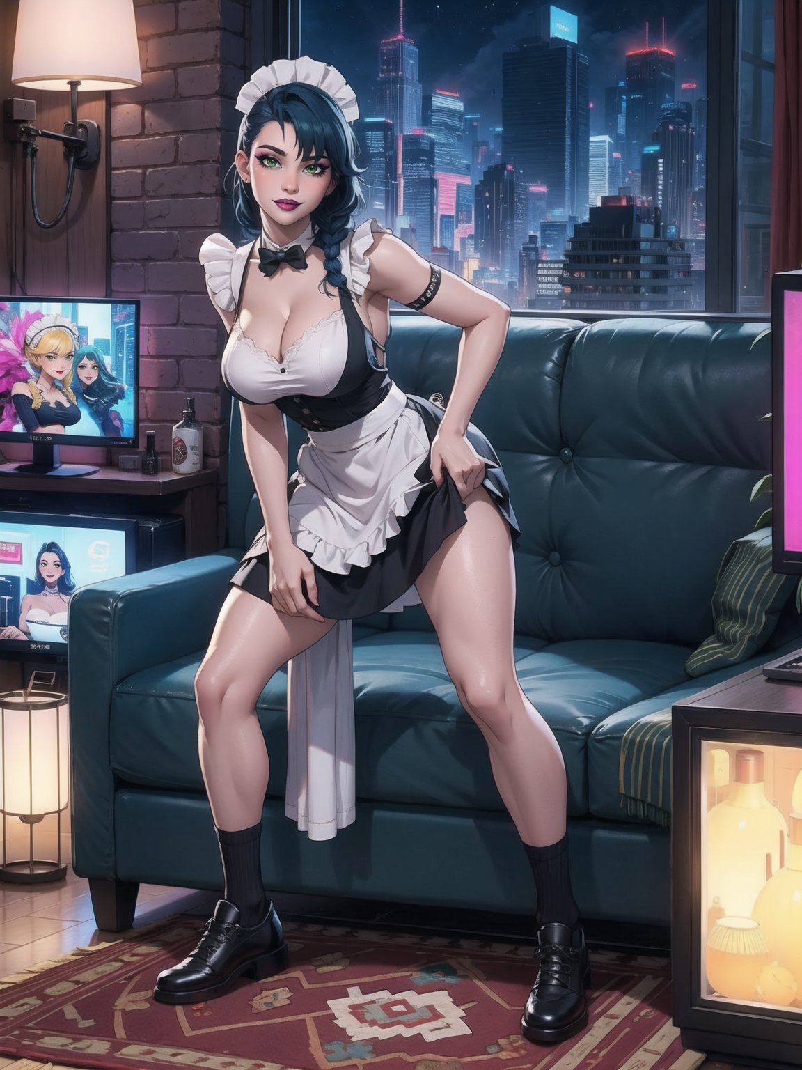 A woman, wearing black domestic sheath attire with white parts, short white skirt, long white socks, black shoes, tight and tight clothing, gigantic breasts, blue hair, hair with solo+short braid, mohawk hair, hair with bangs in front of the eyes, (looking at the viewer), (((sensual pose+Interacting+leaning on anything+object+leaning against))) in a modern apartment, with furniture, computers, plasma tv, bed, window, lights on the walls, sofa bed, 16K, UHD, (full body:1.5), unreal engine 5, cyberpunk, ((maid)), quality max, max resolution, ultra-realistic, ultra-detailed, maximum sharpness, ((ng_deeppositive_v1_75t)), ((perfect_hands)), better_hands