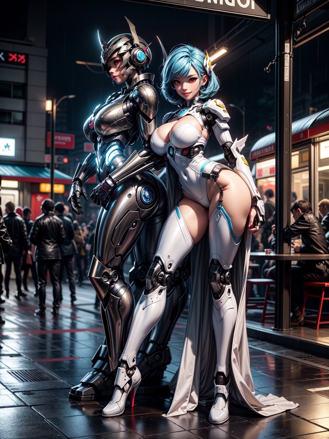 A fairy woman, wearing ((white mecha costume with parts in blue, gigantic breasts, cybernetic helmet)), very short hair, blue hair, messy hair, hair with bangs in front of eyes, magical aura around the body, (((looking at the viewer, sensual pose with interaction and leaning on anything+object+on something+leaning against+leaning against))) in a Japanese bus station at night with heavy rain, many structures, benches, people waiting for the bus, ((full body):1.5); 16K, UHD, unreal engine 5, quality max, max resolution, ultra-realistic, ultra-detailed, maximum sharpness, ((perfect_hands): 1), Goodhands-beta2, ((technological))