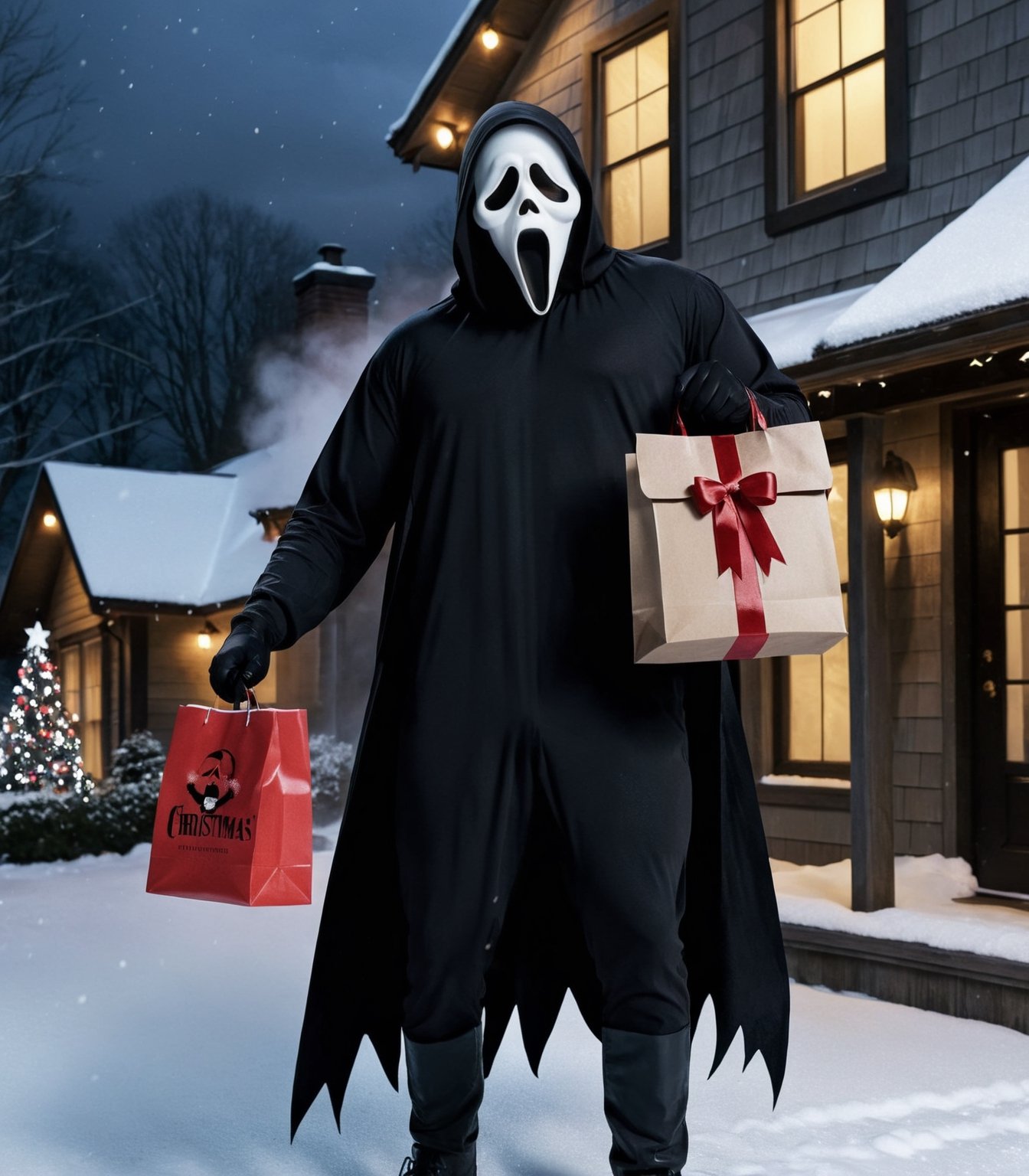 Masterpiece in high resolution, horror and Christmas style, creating a dynamic and engaging scene. | At midnight on Christmas Eve, Ghostface, the iconic horror character, is on Santa's sleigh, flying over an illuminated house. Wearing his classic scary mask, he holds a bag of macabre gifts. The scene is composed of snow-covered roofs, smoking chimneys, and illuminated windows. The atmosphere blends terror with the Christmas spirit. | Ghostface, on Santa's sleigh, hovers over a house on Christmas night. The scary mask stands out in the scene, holding a bag of macabre gifts while flying over snow-covered roofs and smoking chimneys. The illuminated windows add a Christmas touch to the horrifying scene. | A unique fusion of horror and Christmas, with Ghostface on Santa's sleigh over a house on Christmas Eve. The scary mask, the bag of macabre gifts, and the Christmas atmosphere intertwine to create an intriguing and dynamic scene. | {The camera is positioned very close to him, revealing his entire body as he adopts a dynamic_pose, interacting with and leaning on a structure in the scene in an exciting way} | He is adopting a ((dynamic_pose as interacts, boldly leaning on a structure, leaning back in an exciting way):1.3), ((perfect_pose)), ((full body)), perfect_fingers, perfect_legs, More Detail, perfect, ghostface mask