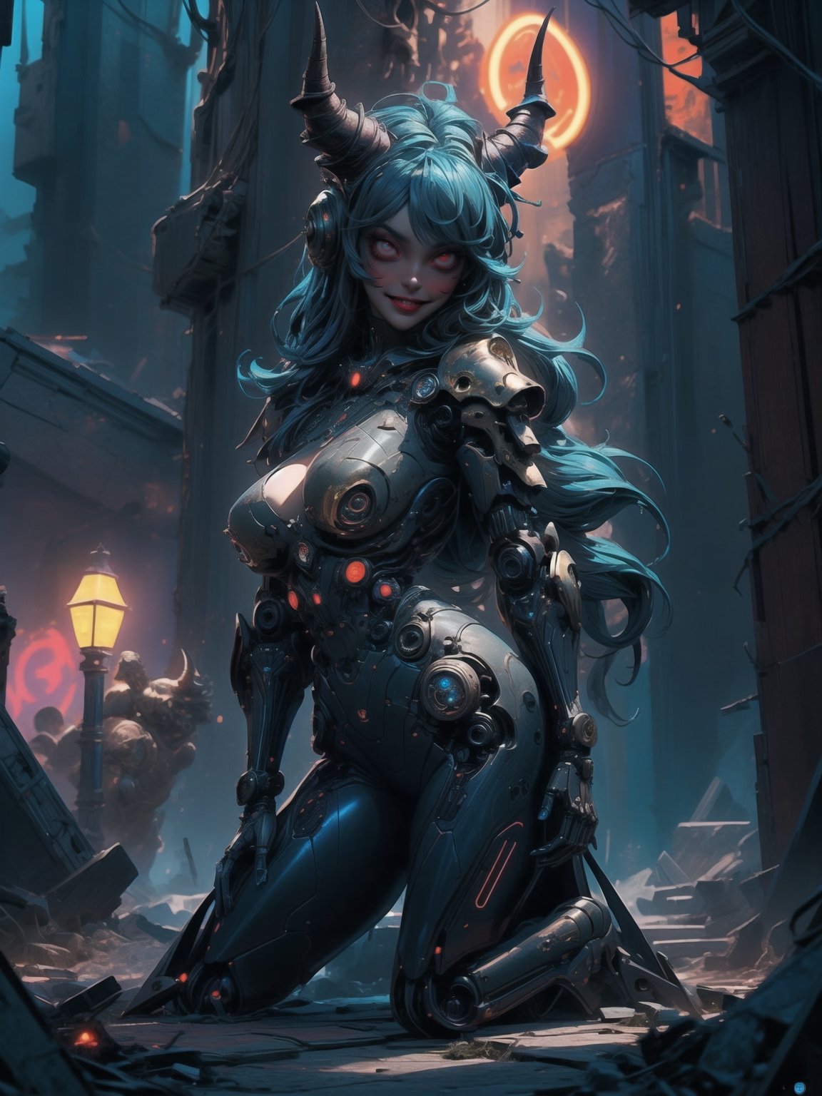 In 16K resolution, a masterpiece of exceptional detail. CGI style inspired by anime, blending cyberpunk, mecha musume, horror, dark, and gothic elements. | Amidst the nocturnal underworld under intense rain, a beautiful demon woman with black horns and blue hair sports a cybernetic robotic armor. The black armor with golden details and neon lights adheres perfectly to her body, accentuating her figure. The cybernetic helmet gives off a futuristic and imposing aura. | Adopting a sensual pose, she boldly leans on a large structure, adding a unique touch to the desolate scene. Around her, debris from a destroyed castle, rock structures, atomic energy technological machines, and fragments of broken wood compose the setting. Skulls on the ground, dirt, and blood complete the dark atmosphere. | The camera, positioned frontally and extremely close, highlights the imposing presence of the demon woman, interacting intriguingly with the large structure. | She is adopting a ((sensual pose as she interacts, boldly leaning on a large structure in the scene. Leaning back in a dynamic way, adding a unique touch to the scene.):1.3), ((Full body image)), perfect hand, fingers, hand, perfect, better_hands, More Detail.,Blender,Leonardo style