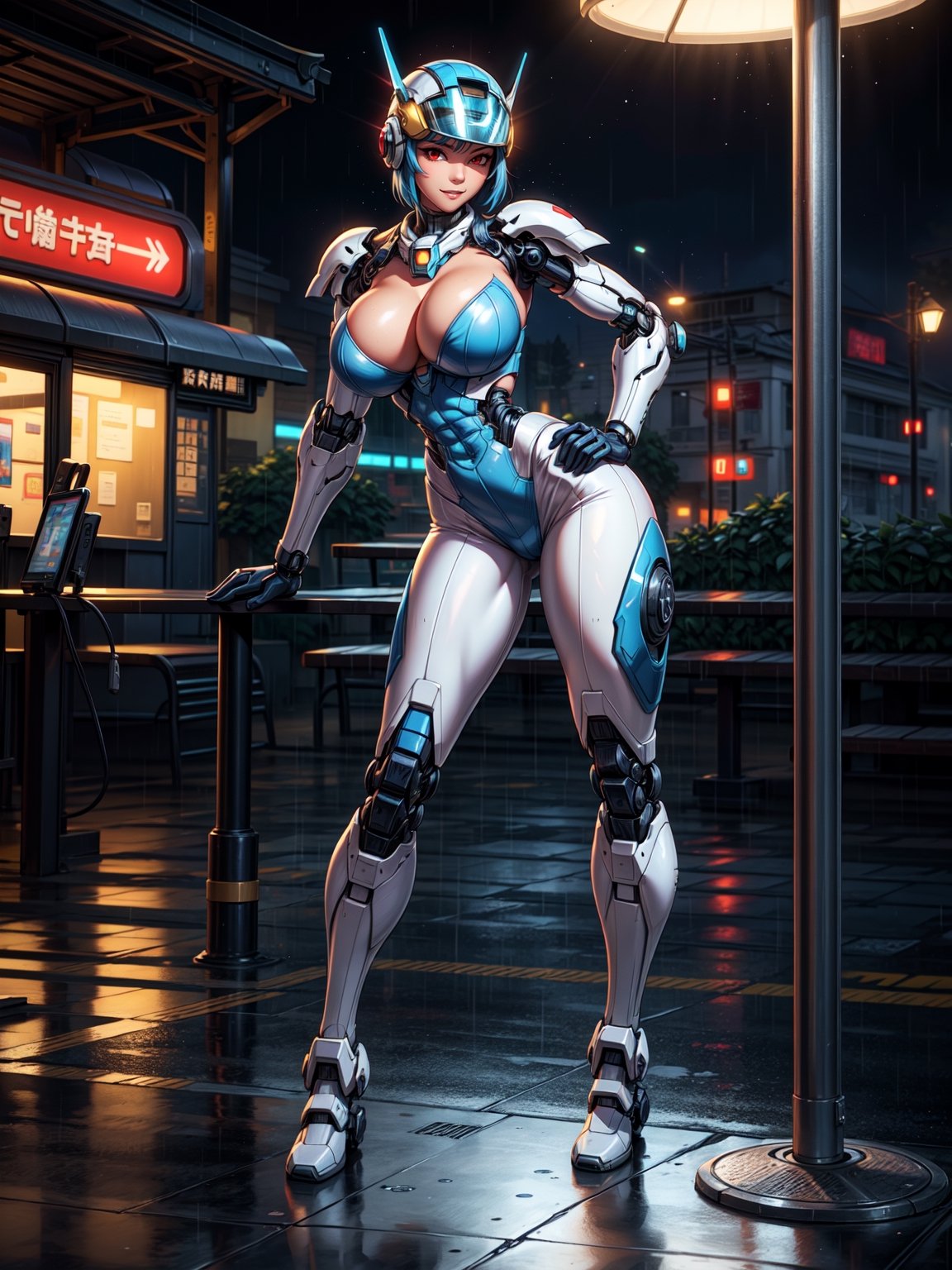 A fairy woman, wearing ((white mecha costume with parts in blue, gigantic breasts, cybernetic helmet)), very short hair, blue hair, messy hair, hair with bangs in front of eyes, magical aura around the body, (((looking at the viewer, sensual pose with interaction and leaning on anything+object+on something+leaning against+leaning against))) in a Japanese bus station at night with heavy rain, many structures, benches, people waiting for the bus, ((full body):1.5); 16K, UHD, unreal engine 5, quality max, max resolution, ultra-realistic, ultra-detailed, maximum sharpness, ((perfect_hands): 1), Goodhands-beta2, ((technological))