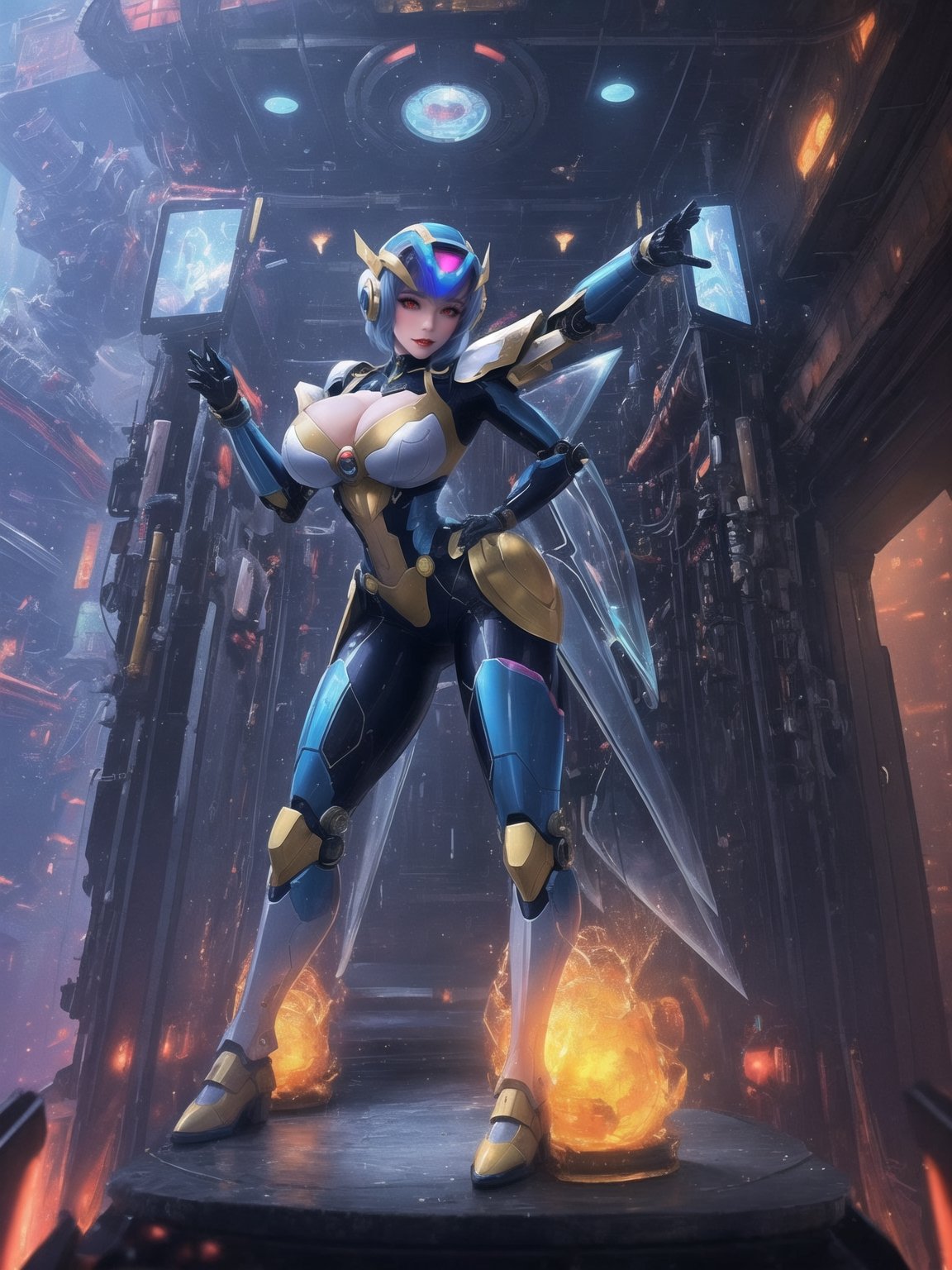 Ultra HD 16K resolution, blending Mega Man X and Super Metroid styles, offering maximum sharpness and exceptional quality. | On a futuristic aircraft, a stunning 30-year-old woman with short blue hair wears white robotic armor with blue and yellow details, standing out in the ultra-detailed scene. The cybernetic helmet frames her face, and she gazes directly at the viewer, intensifying the visual connection. | The composition, at a descending dynamic angle, highlights the woman's sensual pose as she interacts and leans on a large technological structure. Large machines, control panels, flying vehicles, and glass barrels containing luminous liquid create a futuristic environment. | Lighting effects enhance the sharpness of the armor, emphasizing the luminosity of the liquid in the barrels, creating an immersive sci-fi atmosphere. Large technological structures complete the scene, making it visually striking. | An impressive woman in a sensual pose on the futuristic aircraft, styled after Mega Man X and Super Metroid, interacting with the technological environment. | She: ((interacting and leaning on anything, very large structure+object, leaning against, sensual pose):1.3), ((Full body image)), perfect hand, fingers, hand, perfect, better_hands, More Detail.