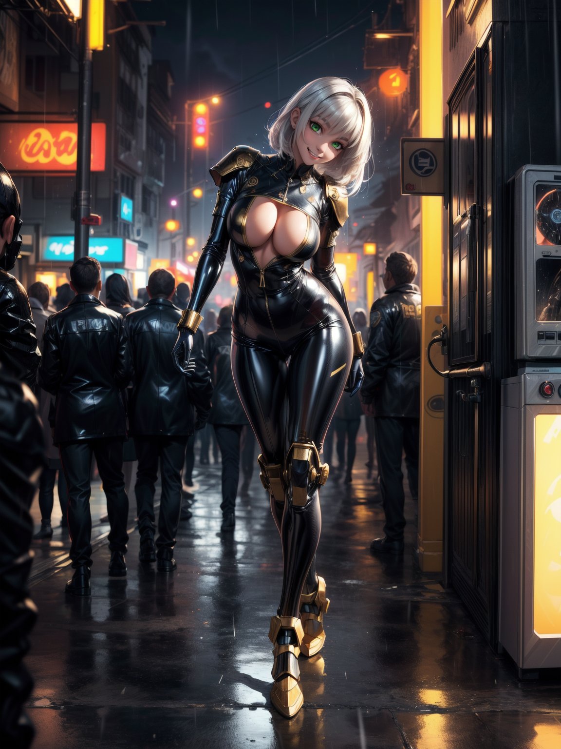 ((1woman)), ((wearing futuristic warrior clothing made of black latex, gold metals attached, extremely tight and short on the body)), ((flat silver hair, hair with bangs in front of the eye)), ((gigantic breasts)), ((staring at the viewer)), (((making erotic position leaning against an object))), ((in a futuristic city, giant robots, lampposts, raining hard, soda machines,  multiple people with different ethnicities)), ((((full body)))), 16k, UHD, better quality, better resolution, better detail, light and shadow effects