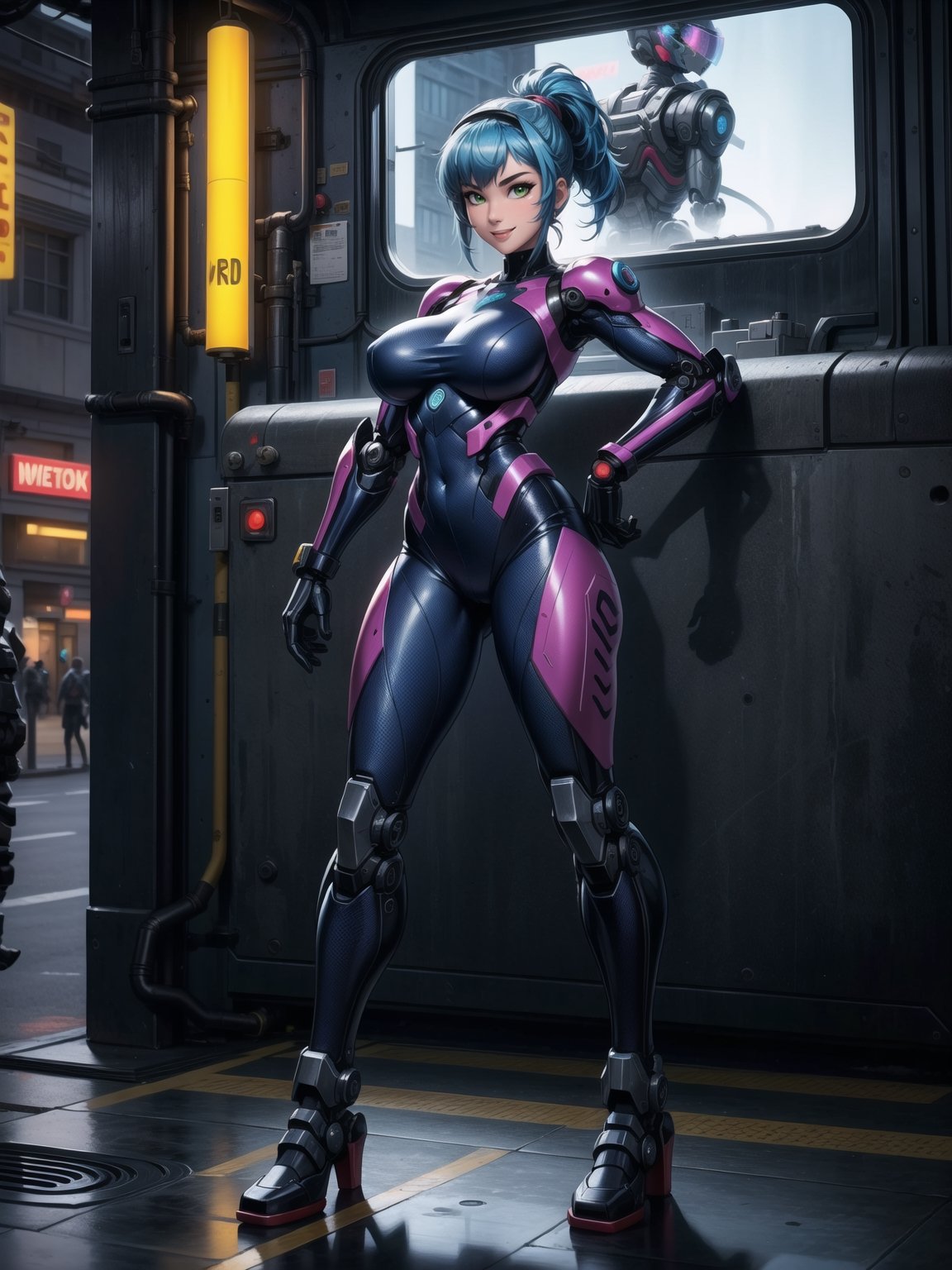 A woman, wearing robotic suit+mecha suit+white cybernetic armor with parts in blue, wearing helmet with colored visor, gigantic breasts, blue hair, extremely short hair, rebellious hair, hair with ponytail, hair with bangs in front of the eye, looking at the viewer, (((sensual pose+Interacting+leaning on anything+object+leaning against))), at a bus stop with many machines, structures, people walking, ((full body):1.5), 16K, UHD, Unreal Engine 5, quality max, max resolution, ultra-realistic, ultra-detailed, maximum sharpness, ((perfect_hands):1), Goodhands-beta2, [super metroid, cyberpunk]