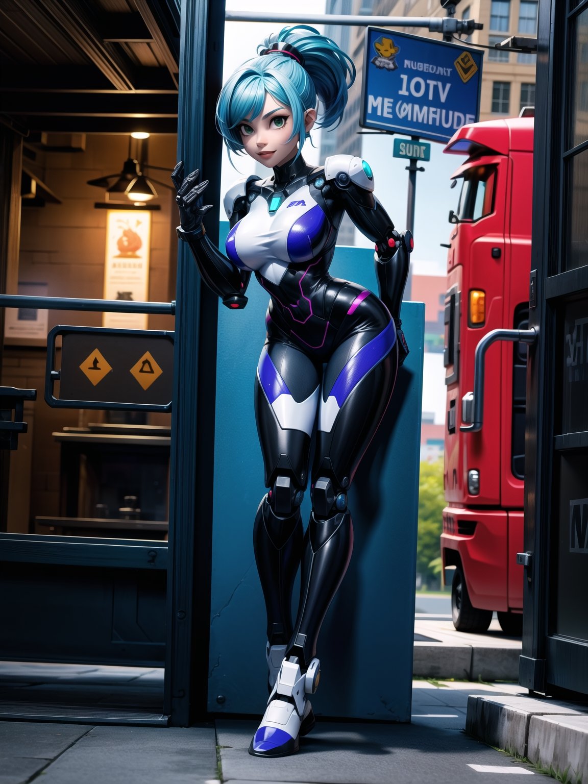 A woman, wearing robotic suit+mecha suit+white cybernetic armor with parts in blue, wearing helmet with colored visor, gigantic breasts, blue hair, extremely short hair, rebellious hair, hair with ponytail, hair with bangs in front of the eye, looking at the viewer, (((sensual pose+Interacting+leaning on anything+object+leaning against))), at a bus stop with many machines, structures, people walking, ((full body):1.5), 16K, UHD, Unreal Engine 5, quality max, max resolution, ultra-realistic, ultra-detailed, maximum sharpness, ((perfect_hands):1), Goodhands-beta2, [super metroid, cyberpunk]