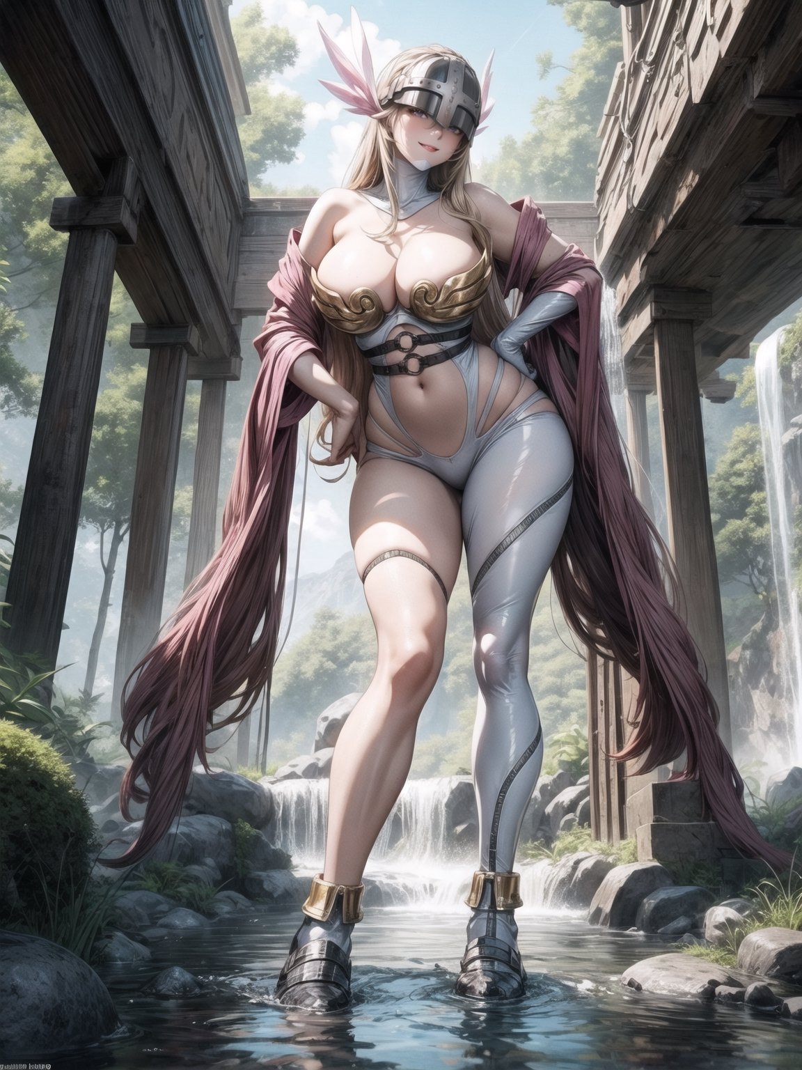 angewomon, gigantic breasts, wearing metallic visor on the face, dark blonde hair, hair with bangs in front of the eyes, (looking at the viewer), (((sensual pose+Interacting+leaning on anything+object+leaning against))), in an ancient temple in a waterfall on top of the mountains at night, with many structures, altars with ancient writings, large statues of ancient gods, 16K, UHD, (full body:1.5), unreal engine 5, quality max, max resolution, ultra-realistic, ultra-detailed, maximum sharpness, ((perfect_hands)), ((perfect_legs)), Goodhands-beta2, ((angewomon, metallic visor on the face, gigantic breasts)), ANIME_angewomon,ANIME_angewomon,aiwaifu