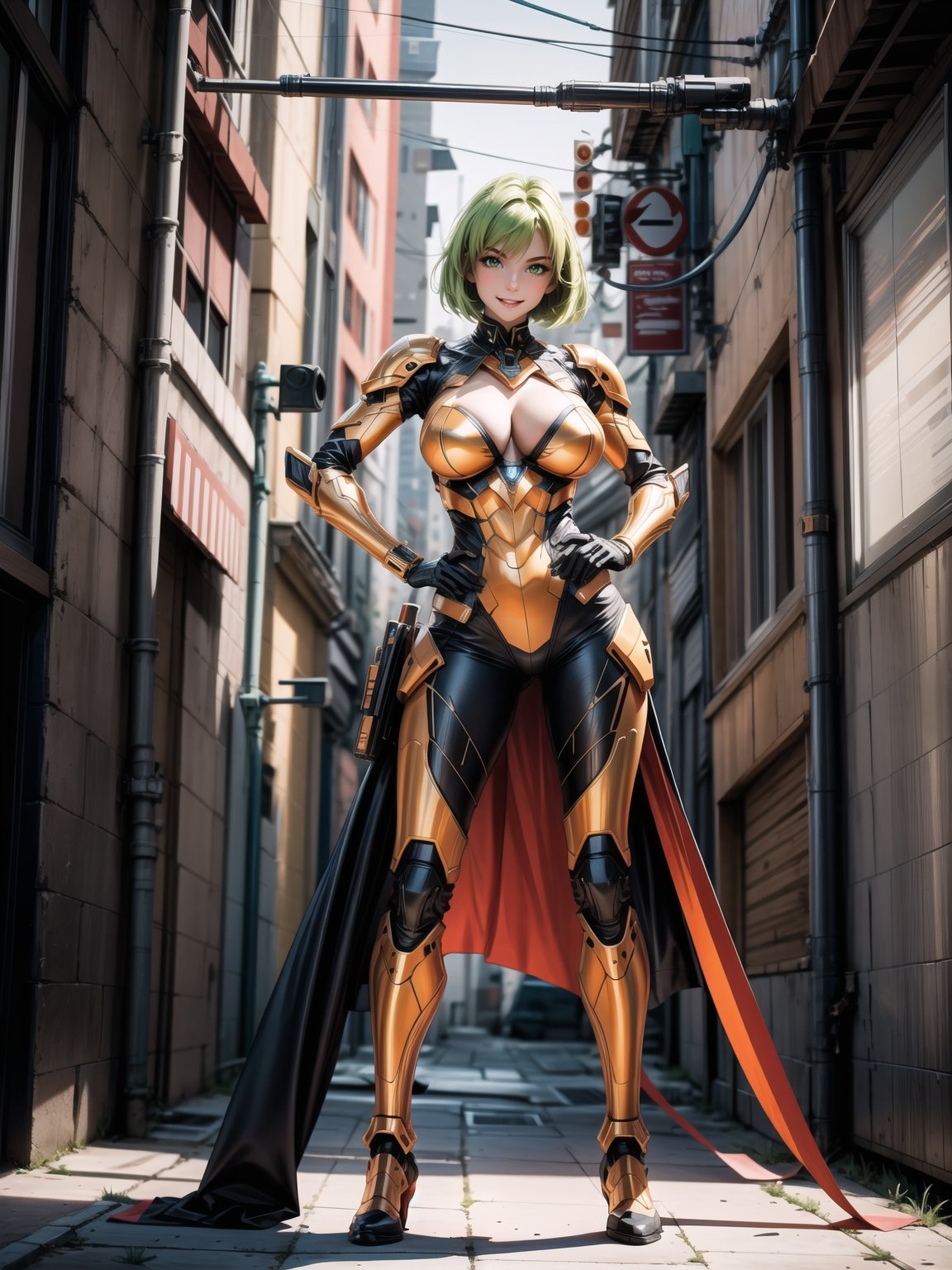 A panther woman, orange and black lock suit + cybernetic armor, ((gigantic breasts)), green hair, straight hair, very short hair, hair with bangs in front of the eyes, looking at the viewer, ((([[(pose with interaction and leaning on something)|( pose with interaction and leaning on an object)]))), in an alien spaceship, with computers, machines, weapons, teleportation, ((full body shot):1.5), 16K, UHD, best possible quality, ultra detailed, best possible resolution, Unreal Engine 5, professional photography, well detailed fingers, well detailed hands, perfect_hands, perfect, GoodHands-beta2, Furtastic_Detailer