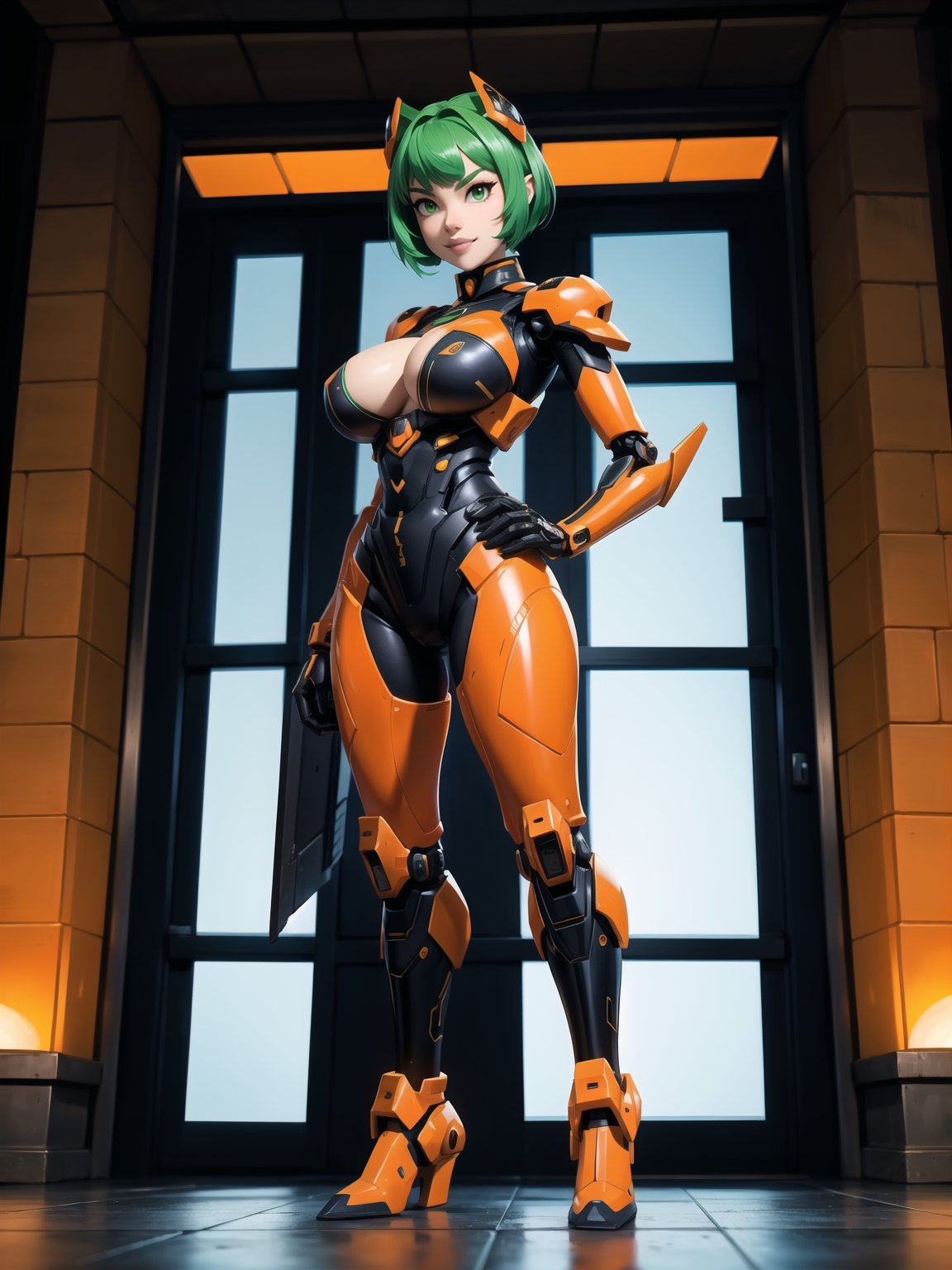 A panther woman, orange and black mecha suit + cybernetic armor, ((gigantic breasts)), green hair, lizo hair, very short hair, hair with bangs in front of eyes, looking at the viewer, ((([(pose with interaction and leaning on something)|(pose with interaction and leaning on an object)]))), she is on an alien ship, with computers, machines, weapons, teleportation, window with bright lights, many aliens, ((full body shot):1.5), 16K, UHD, best possible quality, ultra detailed, best possible resolution, Unreal Engine 5, professional photography, very detailed fingers, very detailed hands, perfect_hands, perfect, GoodHands-beta2, Furtastic_Detailer, ((mecha, cybernetic))