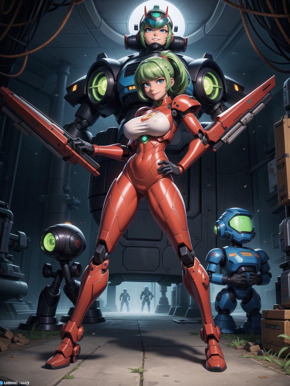 A woman, worn mecha+mecha armor+red bionic armor with white parts, gigantic breasts, helmet with glass visor, green hair, extremely short hair, rebellious hair, hair with ponytail, hair with bangs in front of the eye, looking at the viewer, (((sensual pose+Interacting+leaning on anything+object+leaning against))), in the underworld at night with many machines, robots, machines, metal structures, ((full body):1.5), 16K, UHD, unreal engine 5, quality max, max resolution, ultra-realistic, ultra-detailed, maximum sharpness, ((perfect_hands):1), Goodhands-beta2, [megaman, super metroid], ((mecha))