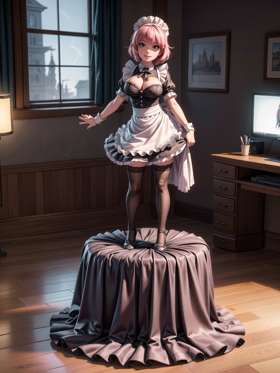 A woman, wearing ((black maid clothes with white parts, short white skirt with embroidery, monstrously large breasts)), very short hair, pink hair, messy hair, hair with bangs in front of eyes, magical aura around the body, (((looking at the viewer, sensual pose with interaction and leaning on anything+object+on something+leaning against+leaning against))) in a large apartment with lots of furniture, double bed, desk with TV and computer, (((looking at window, ((full body):1.5); 16K, UHD, unreal engine 5, quality max, max resolution, ultra-realistic, ultra-detailed, maximum sharpness, ((perfect_hands):1), Goodhands-beta2, ((maid))