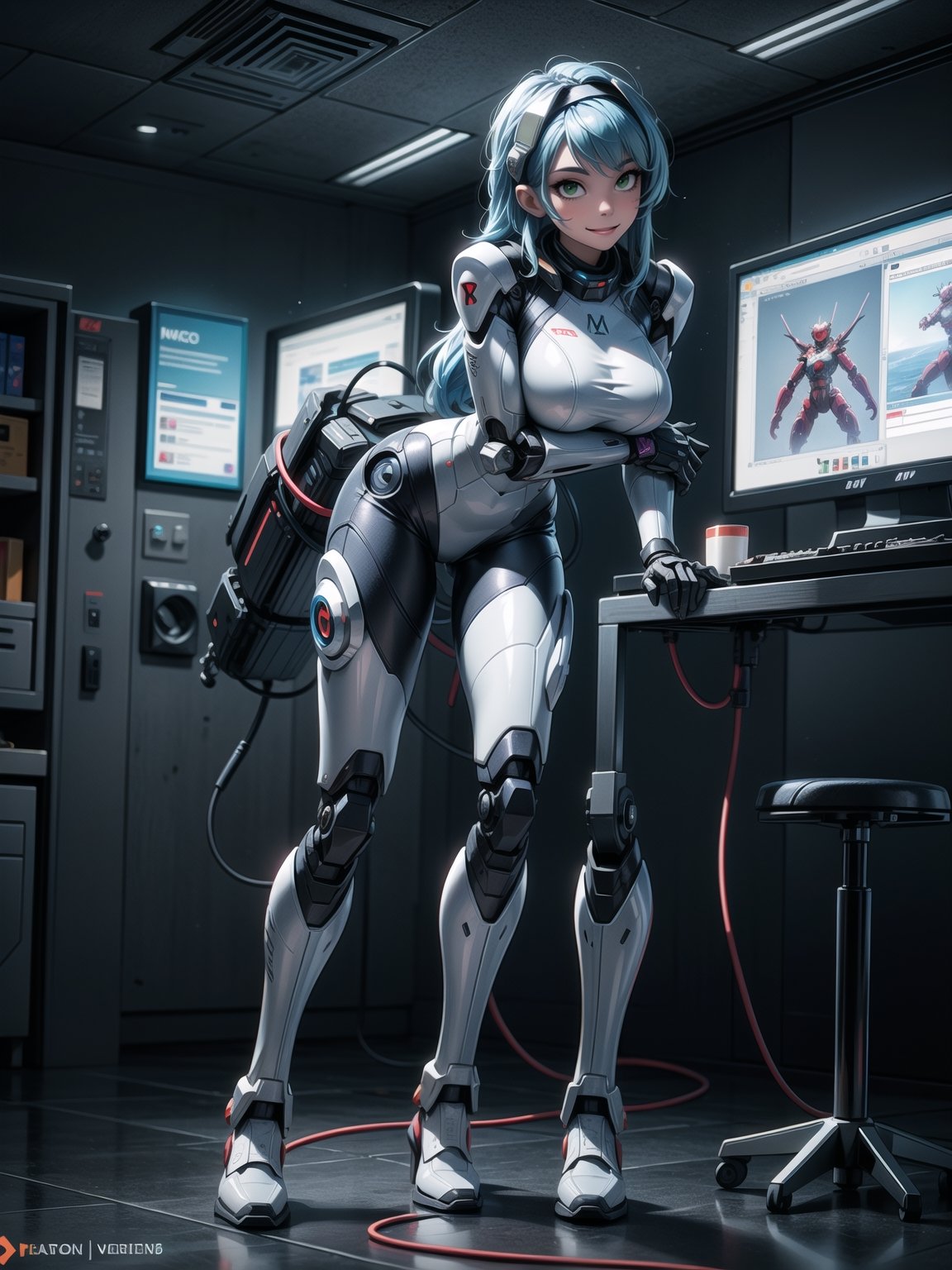 A woman, wearing white wick suit with parts in blue + robotic armor with lights, gigantic breasts, wearing helmet with transparent colored visor, blue hair, rebellious hair, messy hair, hair with bangs in front of the eye, looking at the viewer, (((sensual pose with interaction and leaning on anything+object+leaning against))), in a spaceship with many structures,  equipment, robots, computers, elevator, ((full body):1.5), 16K, UHD, unreal engine 5, quality max, max resolution, ultra-realistic, ultra-detailed, maximum sharpness, ((perfect_hands):1), Goodhands-beta2, [super metroid], cyberware, cybernetic