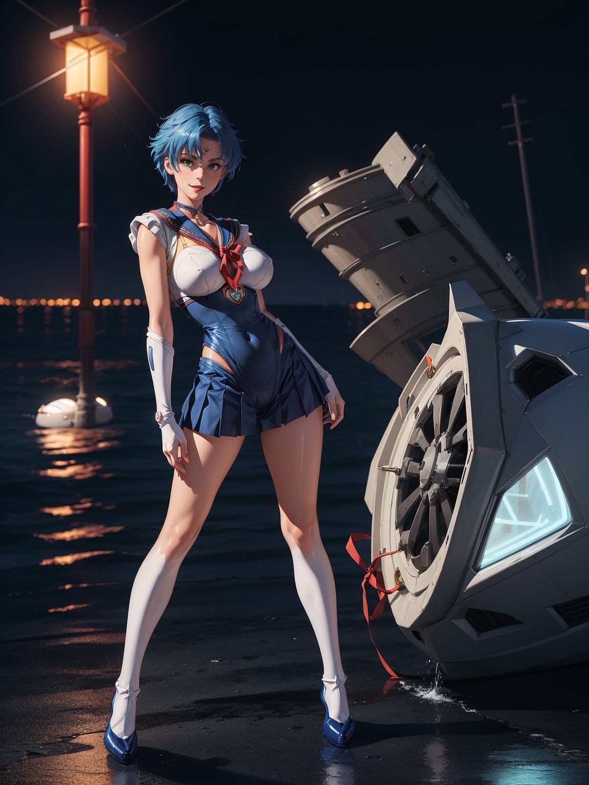 A woman, wearing white Sailor Moon costume with blue + wick suit, ((gigantic breasts)), blue hair, very short hair, straight hair, hair with bangs in front of the eyes, ((helmet on the head)), looking at the viewer, (((pose with interaction and leaning on [something|an object]))), on a yacht with structures, furniture, machinery, sea breeze, is at night,  raining very hard, ((full body):1.5), 16k, UHD, best possible quality, ultra detailed, best possible resolution, Unreal Engine 5, professional photography, well-((detailed fingers, well-detailed hand, perfect hands, perfect):1), ((Sailor Moon)) + ((neon genesis evangelion))