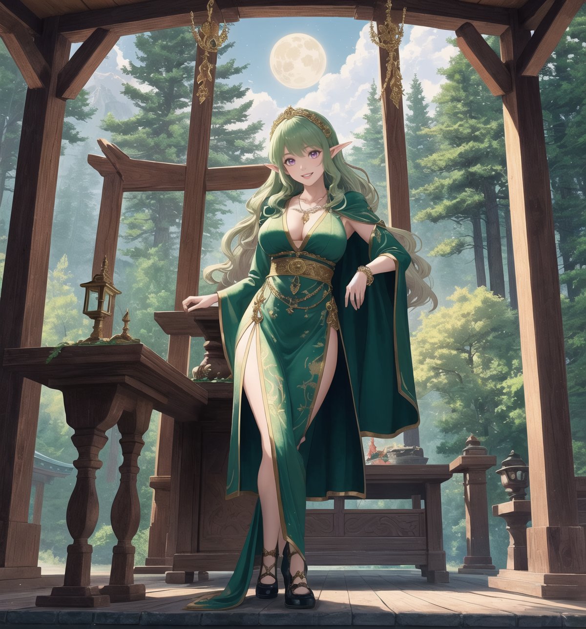 A fantastic masterpiece of art, full of beauty and magic. | Aria, a 237-year-old elf with an elegant and wise appearance, is in a temple in the Rocky Mountains, a mystical and enchanted environment. | She wears a long tunic of dark green fabric, with gold details and leaf embroidery, showing her connection to nature and her status as a sorceress. | To complement her look, she also wears a green velvet cape with feather trim and a gold moon-shaped brooch, adding a touch of sophistication and magic to her appearance. | Her long, wavy green hair has a few loose strands at the front, giving her beauty a natural and delicate look. Her purple eyes are large and expressive, conveying wisdom and serenity, while her ((smile)) with sharp white teeth shows her elfin nature and grace. | Aria also holds a wooden staff with green crystals, a silver necklace with a tree-shaped pendant, and a leather bracelet with metal details, showing her connection to magic and nature. | The temple in the rocky mountains has rock structures, wooden structures, an altar in the center, and pillars with tree and star emblems, creating a sacred and mystical atmosphere. | Soft, mystical lighting effects create an enchanted, serene atmosphere, while detailed textures on structures and costume add realism to the image. | An elegant and magical scene of Aria in a Rocky Mountain temple, exploring themes of fantasy, nature and magic. | (((((The image reveals a full-body shot as she assumes a sensual pose, engagingly leaning against a structure within the scene in an exciting manner. She takes on a sensual pose as she interacts, boldly leaning on a structure, leaning back in an exciting way.))))). | ((full-body shot)), ((perfect pose)), ((perfect fingers, better hands, perfect hands)), ((perfect legs, perfect feet)), ((huge breasts)), ((perfect design)), ((perfect composition)), ((very detailed scene, very detailed background, perfect layout, correct imperfections)), More Detail, Enhance,Anime,cute girl