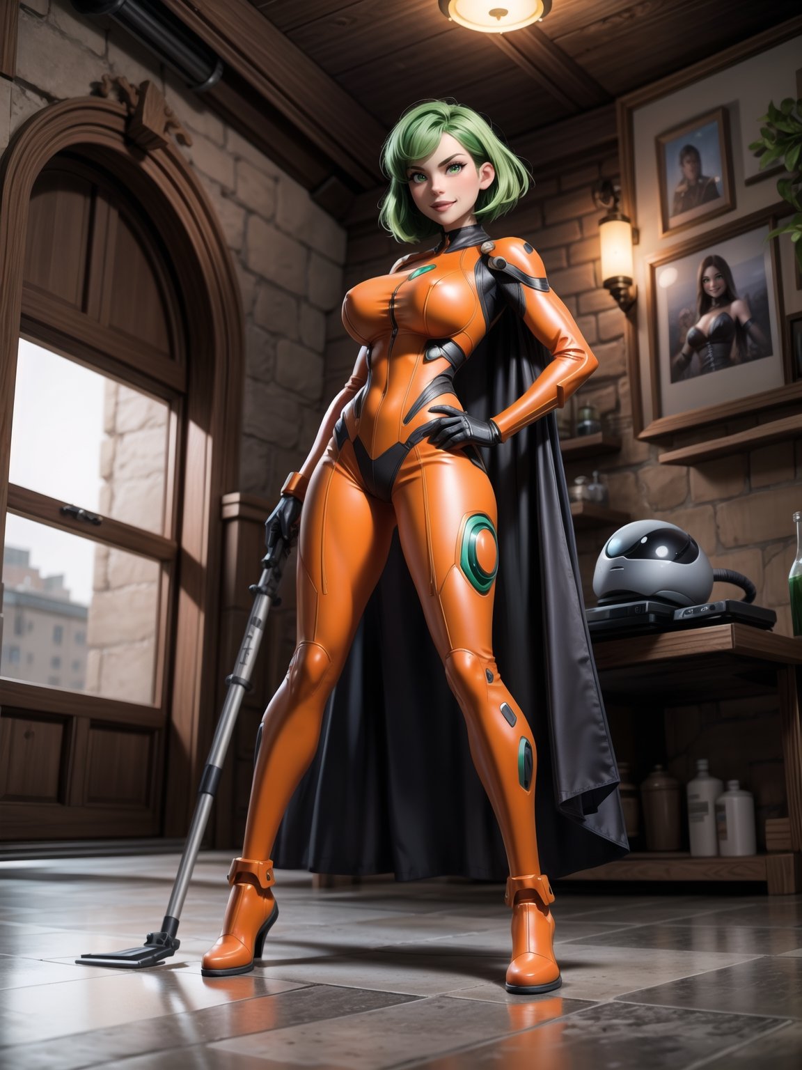 A panther woman, orange and black lock suit + cybernetic armor, ((gigantic breasts)), green hair, straight hair, very short hair, hair with bangs in front of the eyes, looking at the viewer, ((([pose with interaction and leaning on something|pose with interaction and leaning on an object]))), in a laboratory in a cave, with computers, machines, weapons, teleportation, window with bright lights,  many aliens, ((full body):1.5), 16K, UHD, best possible quality, ultra detailed, best possible resolution, Unreal Engine 5, professional photography, well detailed fingers, well detailed hands, perfect_hands, perfect, GoodHands-beta2, Furtastic_Detailer, ((super metroid))