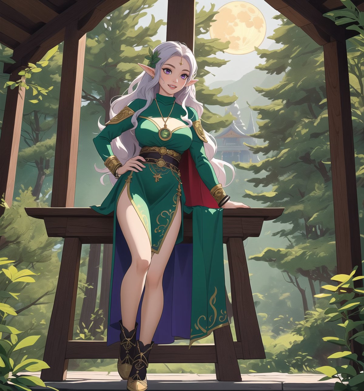 A fantastic masterpiece of art, full of beauty and magic. | Aria, a 237-year-old elf with an elegant and wise appearance, is in a temple in the Rocky Mountains, a mystical and enchanted environment. | She wears a long tunic of dark green fabric, with gold details and leaf embroidery, showing her connection to nature and her status as a sorceress. | To complement her look, she also wears a green velvet cape with feather trim and a gold moon-shaped brooch, adding a touch of sophistication and magic to her appearance. | Her long, wavy green hair has a few loose strands at the front, giving her beauty a natural and delicate look. Her purple eyes are large and expressive, conveying wisdom and serenity, while her smile with sharp white teeth shows her elfin nature and grace. | Aria also holds a wooden staff with green crystals, a silver necklace with a tree-shaped pendant, and a leather bracelet with metal details, showing her connection to magic and nature. | The temple in the rocky mountains has rock structures, wooden structures, an altar in the center and pillars with emblems, creating a sacred and mystical atmosphere. | Soft, mystical lighting effects create an enchanted, serene atmosphere, while detailed textures on structures and costume add realism to the image. | An elegant and magical scene of Aria in a Rocky Mountain temple, exploring themes of fantasy, nature and magic. | (((((The image reveals a full-body shot as she assumes a sensual pose, engagingly leaning against a structure within the scene in an exciting manner. She takes on a sensual pose as she interacts, boldly leaning on a structure, leaning back in an exciting way.))))). | ((full-body shot)), ((perfect pose)), ((perfect fingers, better hands, perfect hands)), ((perfect legs, perfect feet)), ((huge breasts)), ((perfect design)), ((perfect composition)), ((very detailed scene, very detailed background, perfect layout, correct imperfections)), More Detail, Enhance