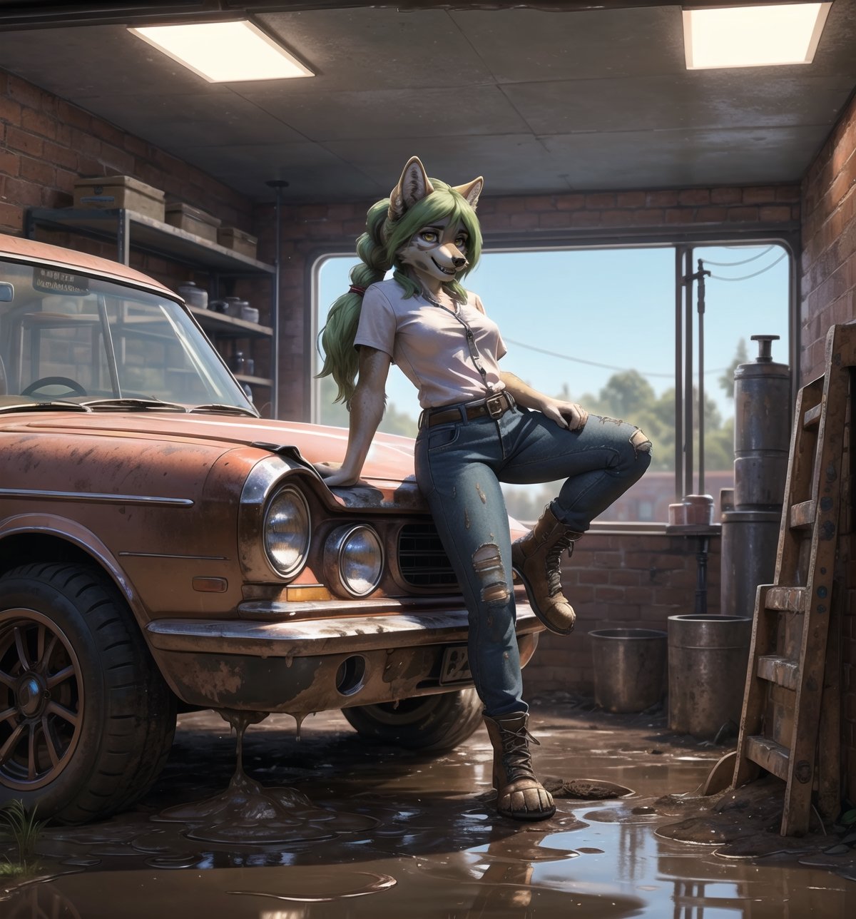 ((Clear 4K image with realistic dirty and worn style, rendered in ultra-high resolution with graphic details.):1.3). | At the vintage car body shop, a young 21-year-old werewolf is working tirelessly. She wears a white t-shirt, blue denim overalls with straps hanging from one of them, and a black leather belt with a gold buckle at her waist. His black leather boots are dirty with grease, as is the rest of his clothes, which are aged and tight to his body. Her long, straight green hair cascades over her shoulders, with large bangs in front of her eyes. She has two long pigtails held together with metal clips. Her yellow eyes look at the viewer with a mysterious look, while she (((smiles))), showing her teeth, with her mouth open, her tongue out and drool running down. Her face is covered in grease, as is the rest of the room. | The scene takes place in the old car body shop, a filthy and dirty place, full of stacked tires, mud and dirt. There is a bench with tools scattered around, old car engines and an old, rusty car in the process of being repaired. The smell of oil and gasoline permeates the air as the wolf woman works tirelessly. | Composition at an angle to the general plane, emphasizing the figure of the wolf woman and the elements of the bodywork. The metal structures, tires, mud and dirt, together with the wolf woman, the workbench, the tools and the old car, create a filthy and worn-out environment. The body shop's artificial lighting creates dramatic shadows and highlights the details of the scene. | Soft, shadowy lighting effects create a tense and challenging atmosphere, while rough, detailed textures on skin, clothing, tires and structures add realism to the image. | A challenging and realistic scene of a young wolf woman working tirelessly in the vintage car body shop, overcoming obstacles with determination and mechanical skill. | (((((The image reveals a full-body_image as she assumes a dynamic_pose, engagingly leaning against a structure within the scene in an exciting manner. She takes on a dynamic_pose as she interacts, boldly leaning on a structure, leaning back in an exciting way.))))). | ((perfect anatomy, perfect body)), ((perfect_pose):1.5), ((more_than_a_dynamic_pose, dynamic_pose):1.3), ((full-body_image)), ((perfect fingers, better hands, perfect hands, perfect legs, perfect feet)), ((perfect design)), ((correct errors):1.2), ((perfect composition)), ((very detailed scene, very detailed background, correct imperfections, perfect layout):1.2), (( More Detail, Enhance))