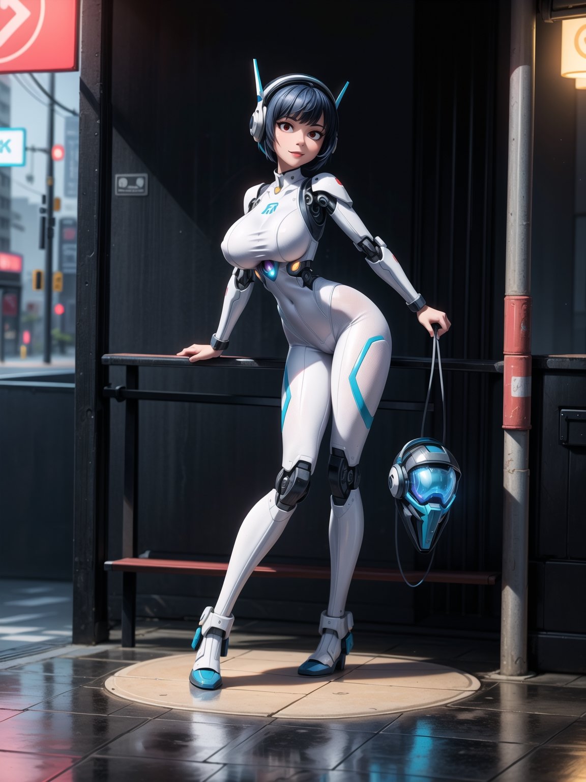 A fairy woman, wearing ((white mecha costume with parts in blue, gigantic breasts, cybernetic helmet)), very short hair, blue hair, messy hair, hair with bangs in front of eyes, magical aura around the body, (((looking at the viewer, sensual pose with interaction and leaning on anything+object+on something+leaning against+leaning against))) in a Japanese bus station at night with heavy rain, many structures, benches, people waiting for the bus, ((full body):1.5); 16K, UHD, unreal engine 5, quality max, max resolution, ultra-realistic, ultra-detailed, maximum sharpness, ((perfect_hands): 1), Goodhands-beta2, ((technological)), ((cyberpunk))