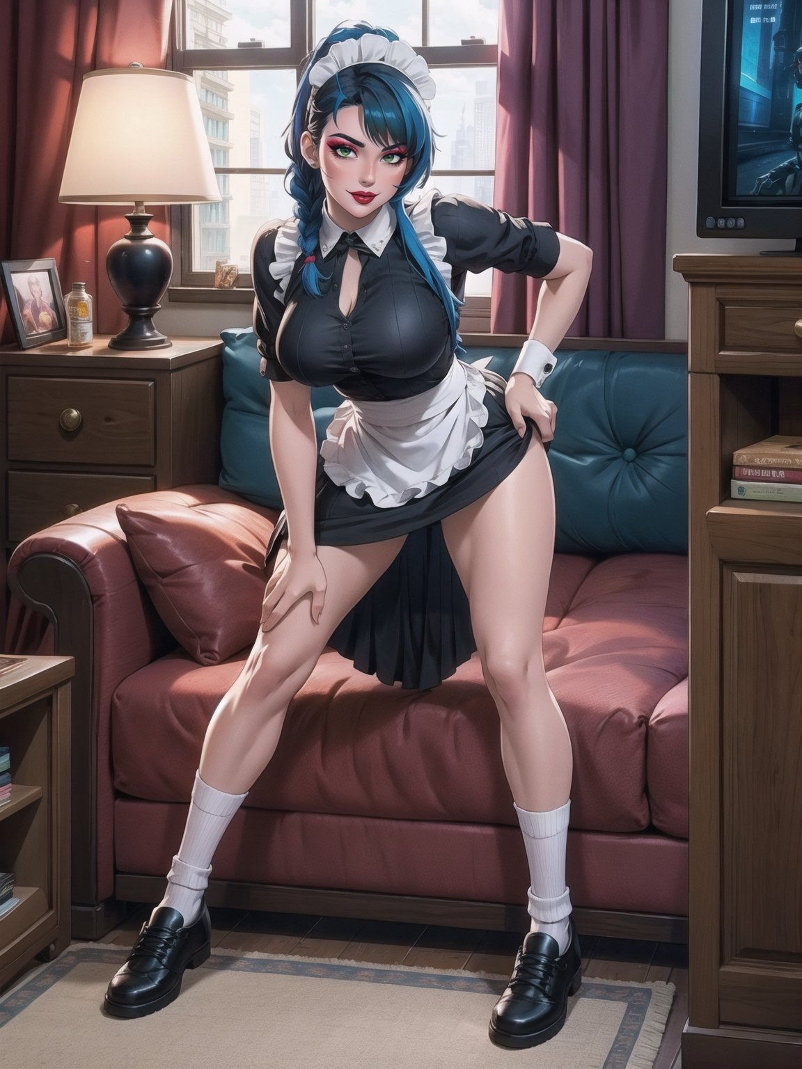 A woman, wearing black domestic sheath attire with white parts, short white skirt, long white socks, black shoes, tight and tight clothing, gigantic breasts, blue hair, hair with solo+short braid, mohawk hair, hair with bangs in front of the eyes, (looking at the viewer), (((sensual pose+Interacting+leaning on anything+object+leaning against))) in a modern apartment, with furniture, computers, plasma tv, bed, window, lights on the walls, sofa bed, 16K, UHD, (full body:1.5), unreal engine 5, cyberpunk, ((maid)), quality max, max resolution, ultra-realistic, ultra-detailed, maximum sharpness, ((ng_deeppositive_v1_75t)), ((perfect_hands)), better_hands, 
