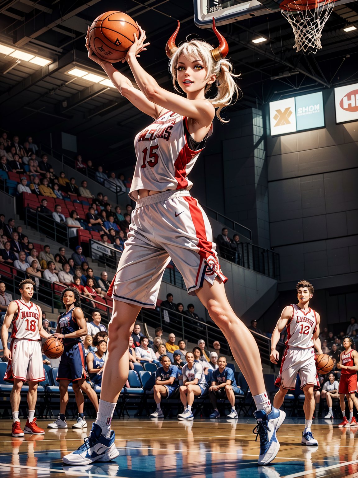 Yamato as a basketball player, wearing white basketball player costume with black parts, white pants with blue stripes, extremely short and tight suit and pants on the body, monstrously gigantic breasts, hair with ponytail, bangs in front of the eyes, red horns on the head, looking at the viewer, (((erotic pose interacting and leaning on an object))), on an NBA basketball court, multiple people in the stands, multiple basketball players, scoring scoreboard, basketball naps, court with shiny floor, it's daytime, ((full body):1.5). 16k, UHD, best possible quality, ((best possible detail):1), best possible resolution, Unreal Engine 5, professional photography, nice hands,YamatoV2